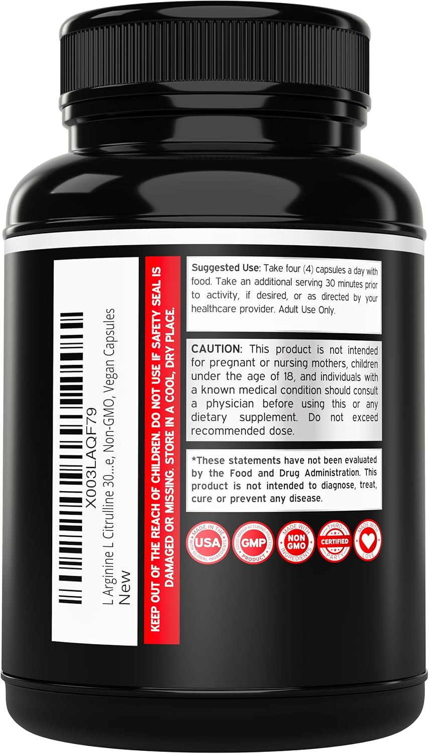 L-Arginine 1000mg L-Citrulline 3000mg 240Caps Amino Acid Non GMO/Gluten Free
