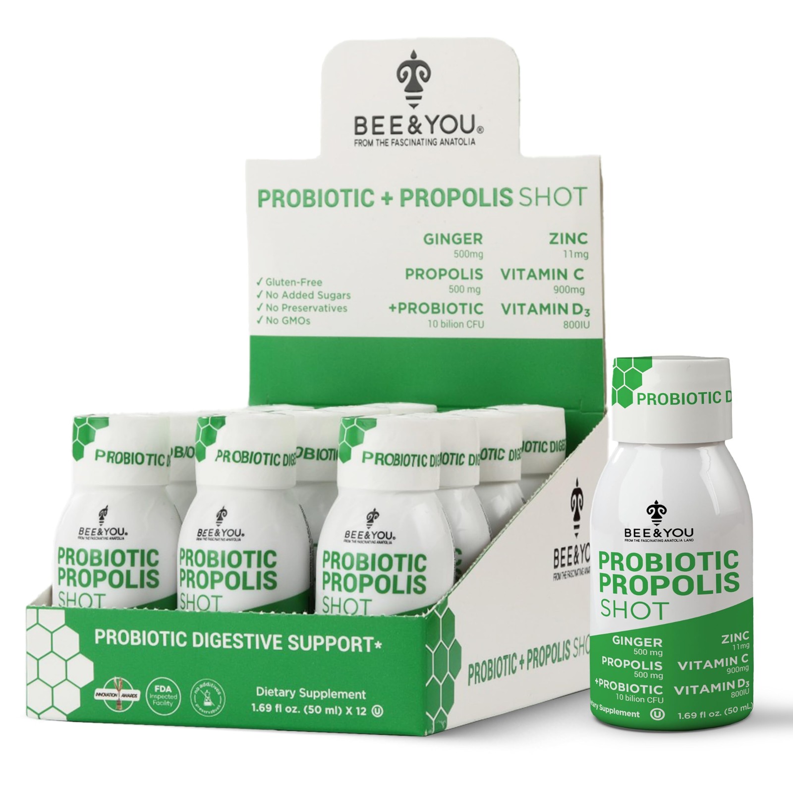 Bee and You Propolis Immune Shot, Probiotic, Vitamin 0.14 Fl Oz (Pack of 12)