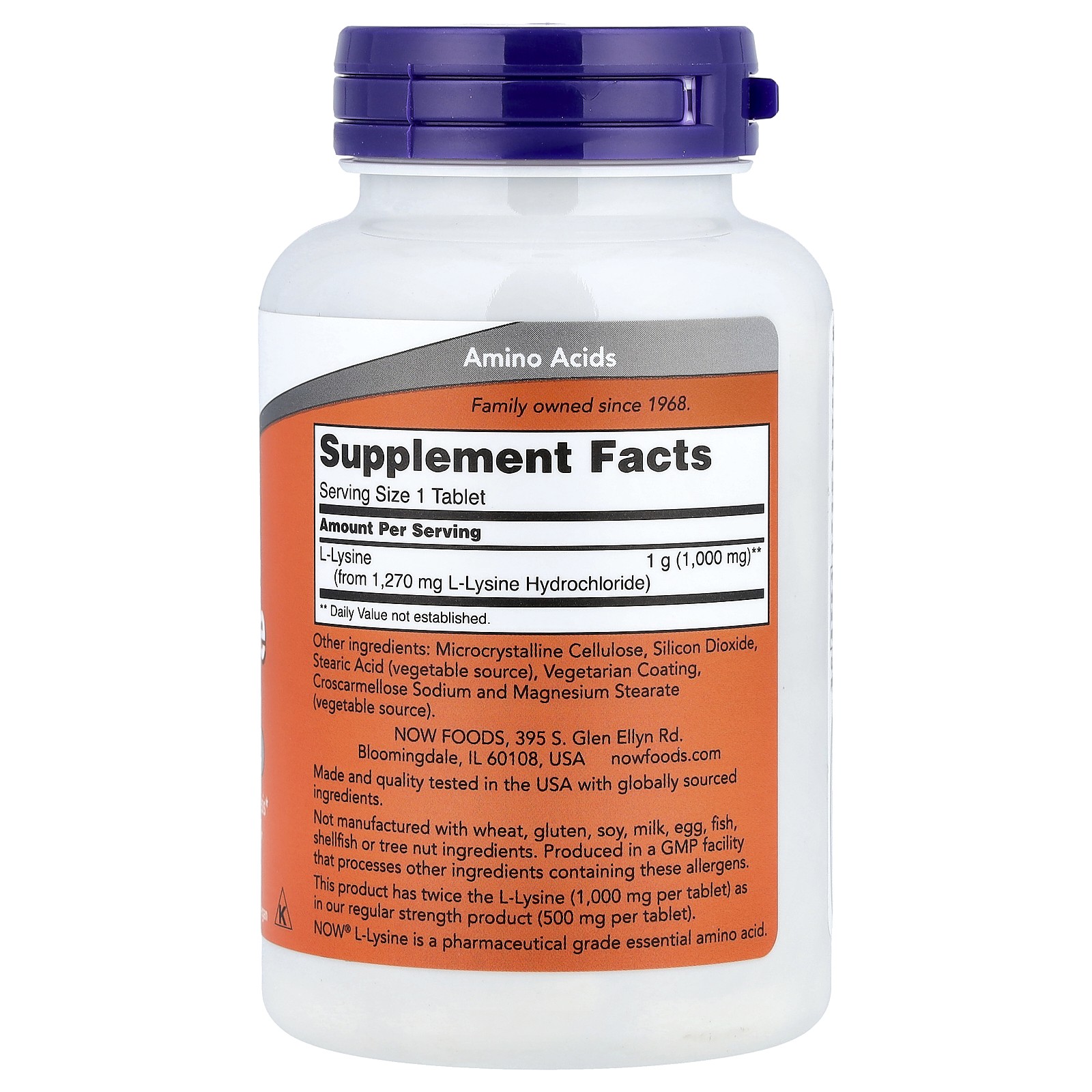 Now Foods L-Lysine 1 000 mg 100 Tablets GMP Quality Assured, Kosher, Vegan,