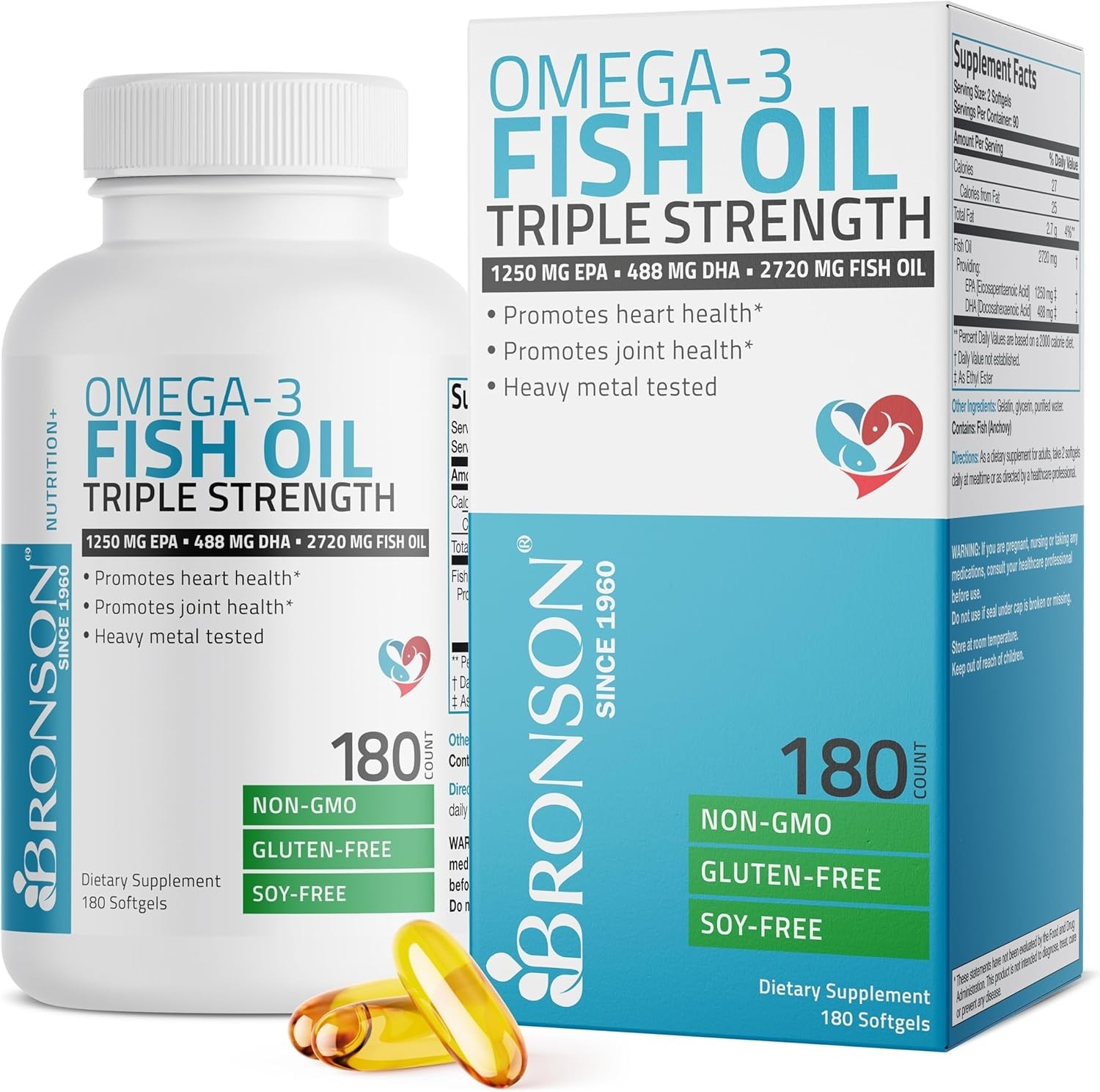 Omega 3 Fish Oil Triple Strength 2720 mg, High EPA 1250 mg DHA 488 mg, Non-GM…