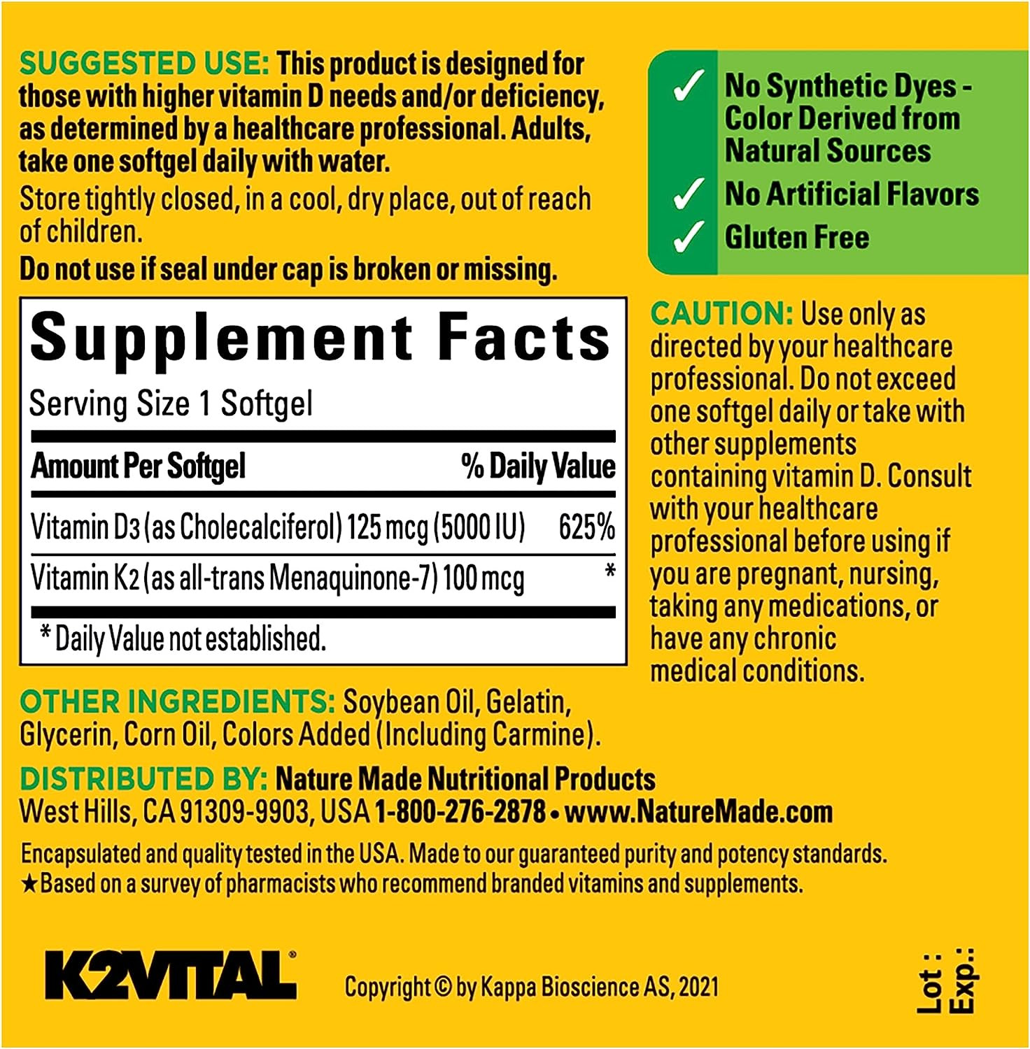 Nature Made Vitamin D3 K2, 5000 IU (125 mcg) Vitamin D, Dietary Supplement for B