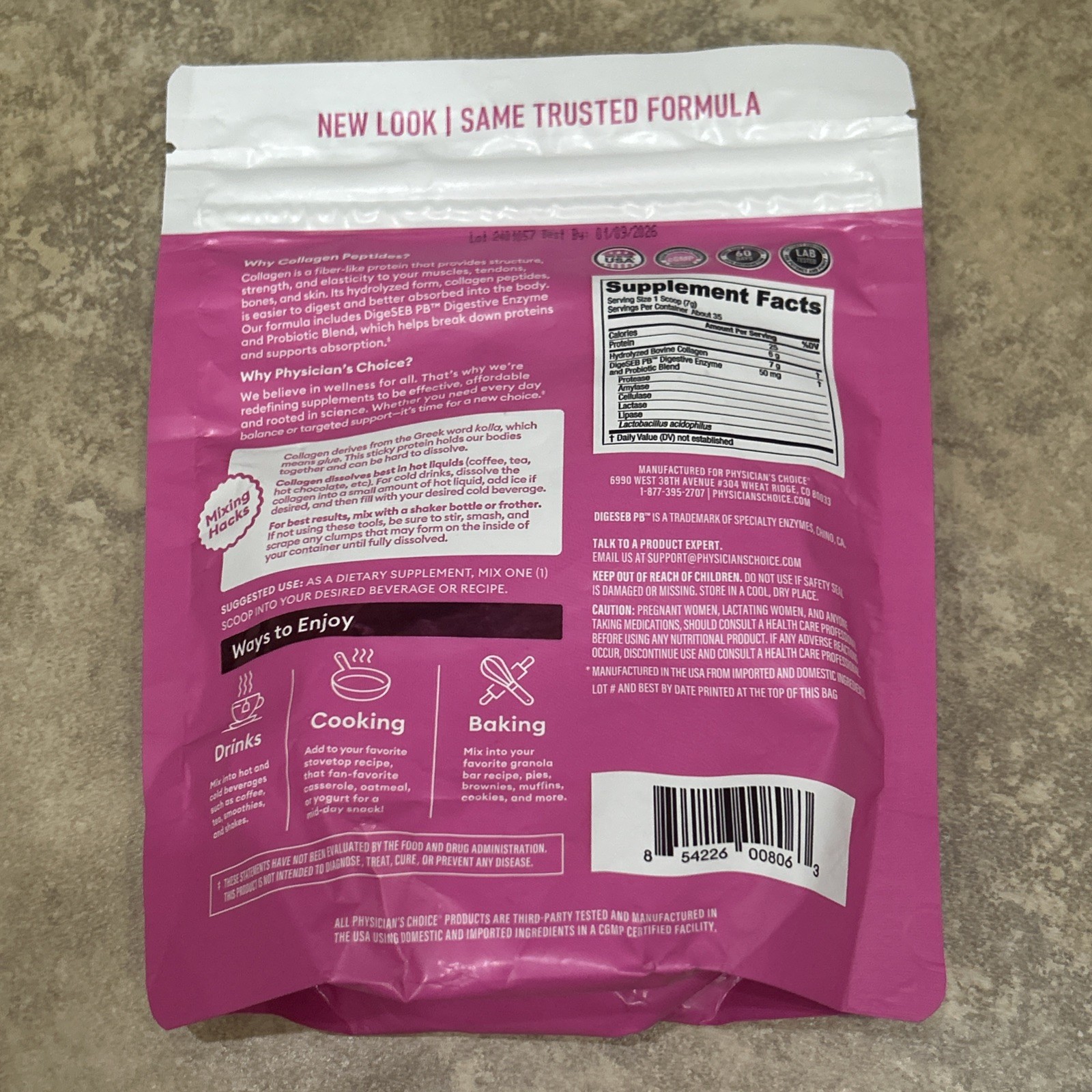 Physicians Choice COLLAGEN PEPTIDES 8.67oz Powder UNFLAVORED probiotics 01/2026