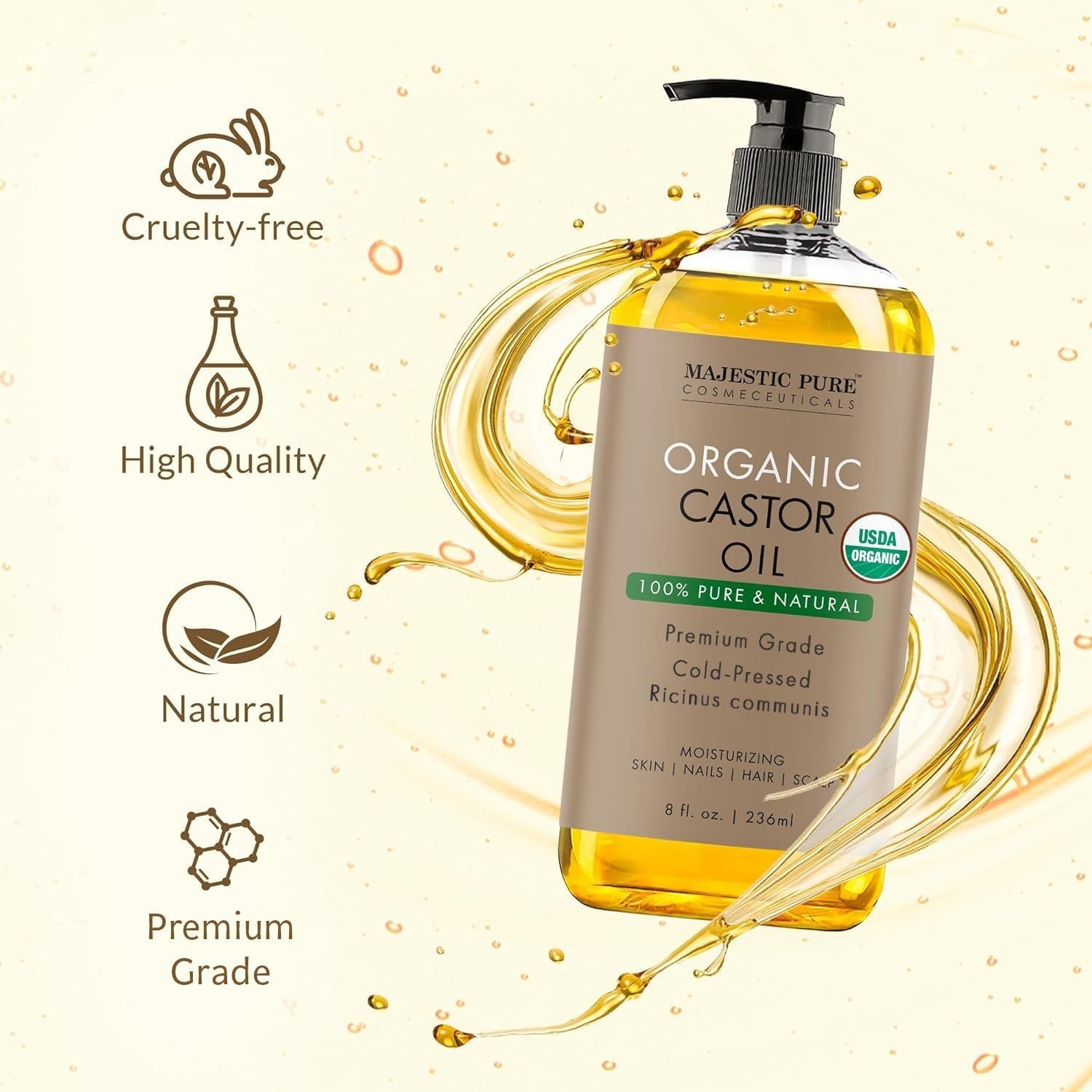 USDA Organic Castor Oil – 100% Pure, Cold Pressed, 8 Fl Oz