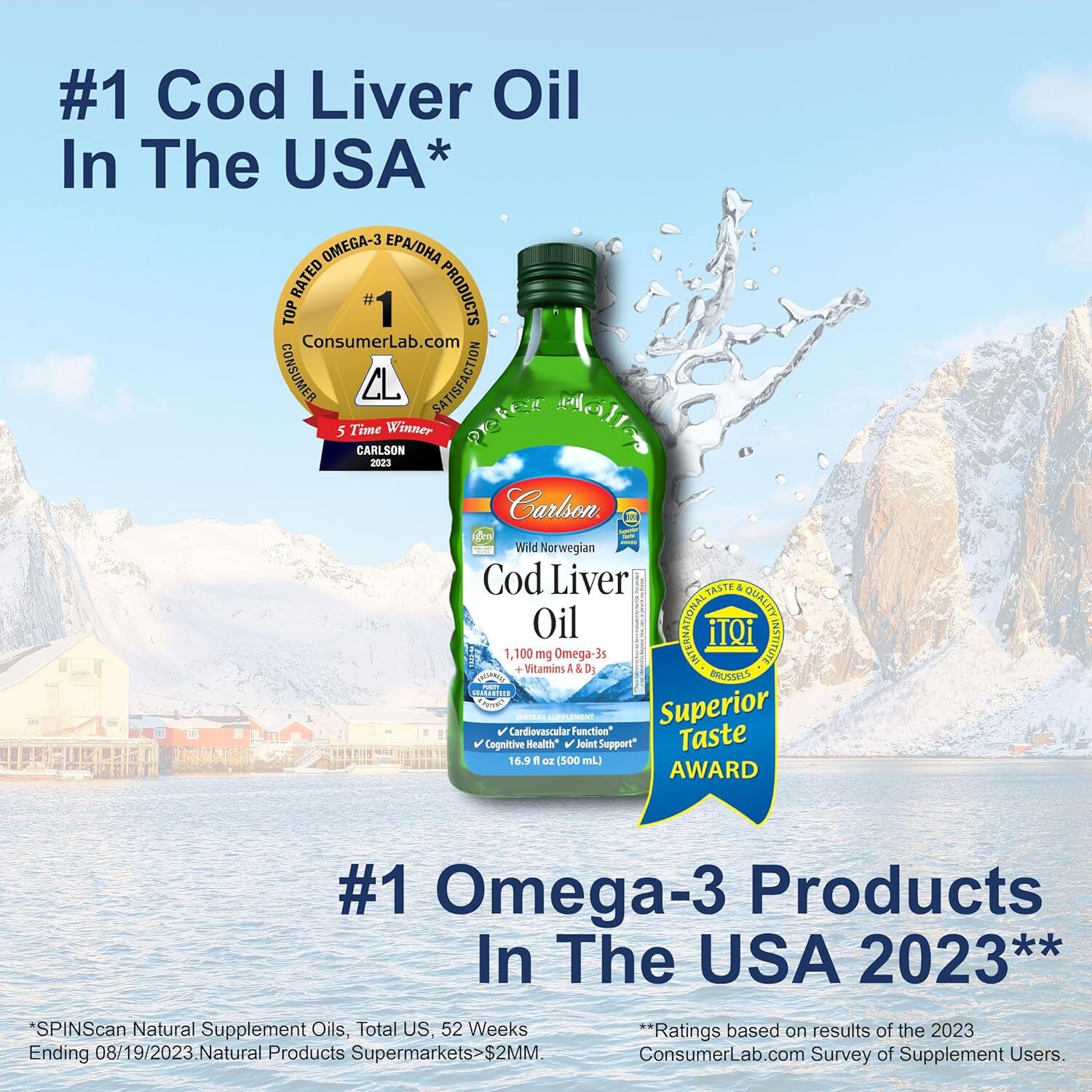 Carlson – Cod Liver Oil, 1100 mg Omega-3s, Unflavored, 500 ml (16.9 Fl Oz)