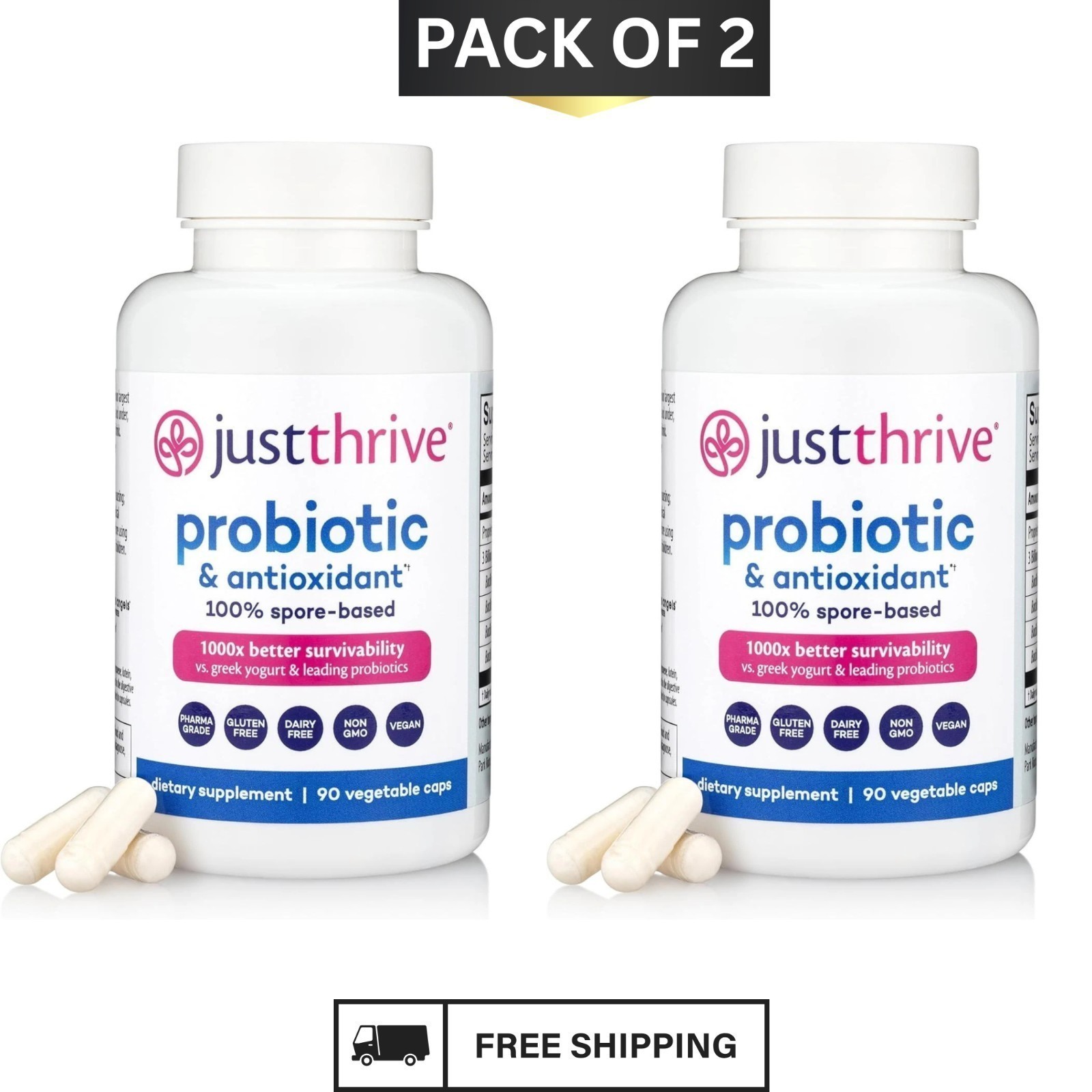 2PACK Just Thrive Probiotic & Antioxidant Supplement 100% Spore-Based Digestive.