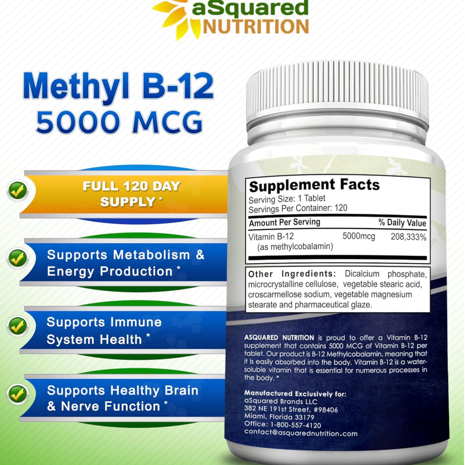 Vitamina B12 5000 MCG | Aumenta la energía, apoya la función cerebral y cardíaca