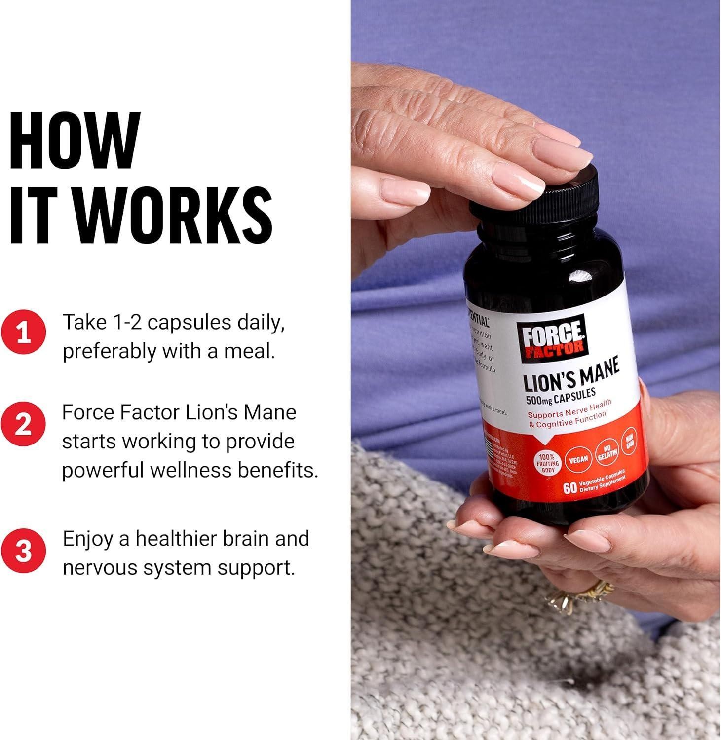 Force Factor Lion S Mane Supplement Capsules, Memory and Focus Supplement, Nerve