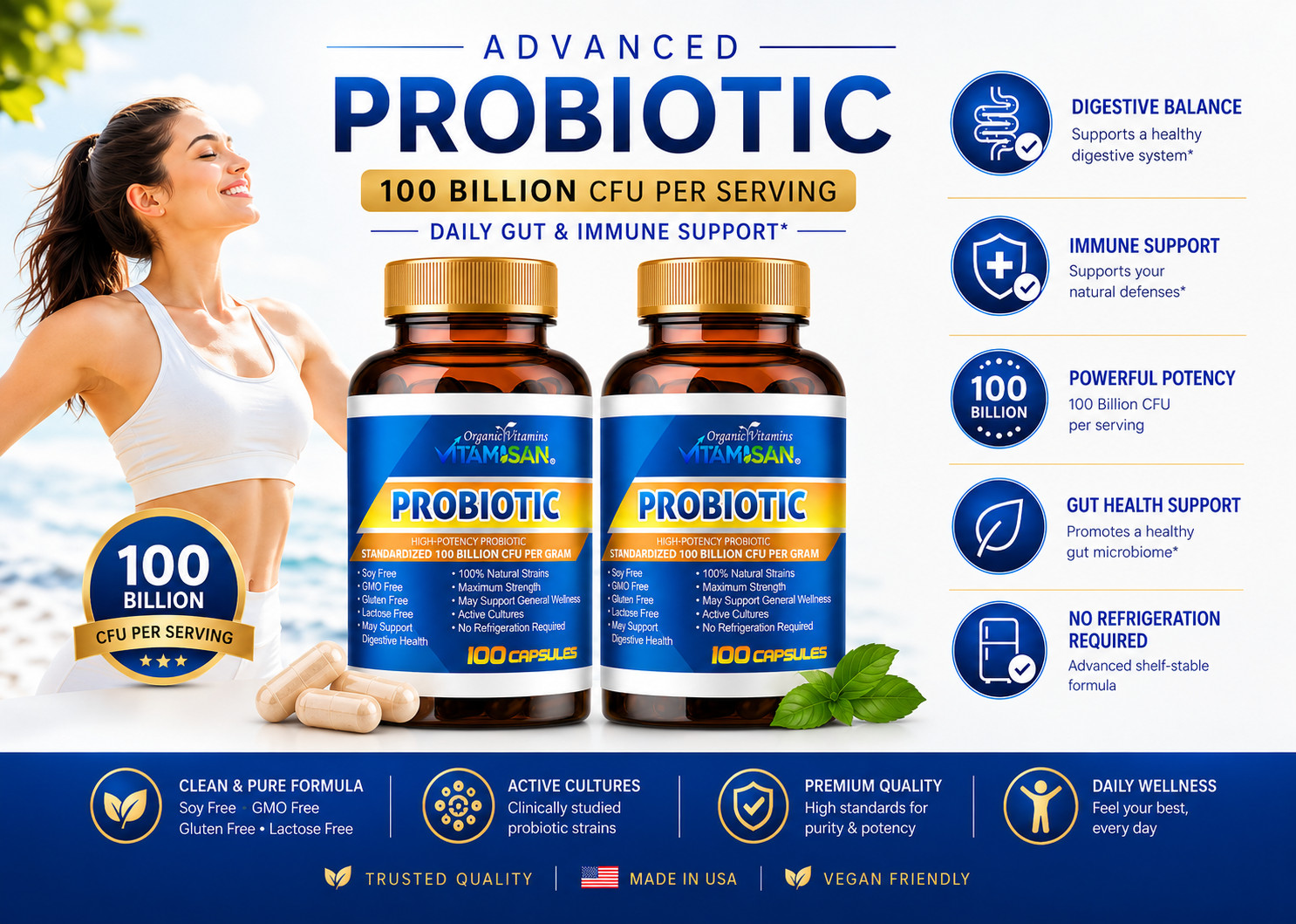 Probiotic 100 Billion CFU 200 Capsules Gut & Immune Support Digestive Health Sup