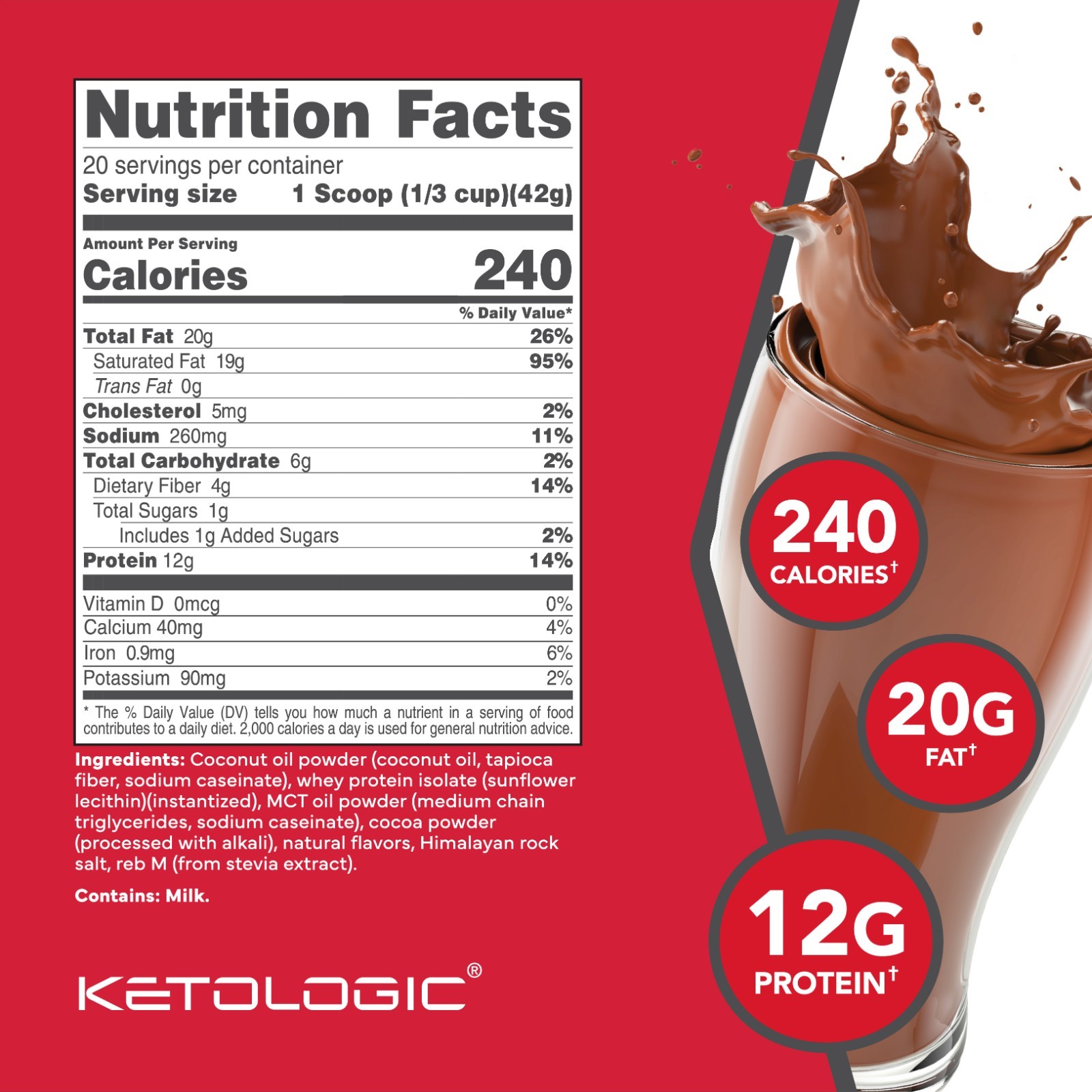 KetoLogic Keto Meal Replacement Shake Powder (Chocolate) (20 Servings)