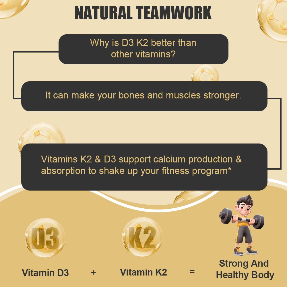 Vitamin D3 K2 60 Capsules Bone Muscle Immune Support Supplement