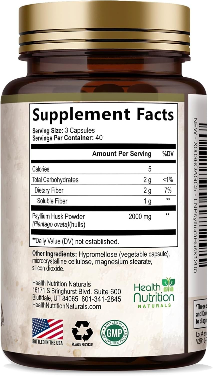 High Absorption Psyllium Husk Fiber Caps 1500 mg, Natural Soluble Fiber Capsules