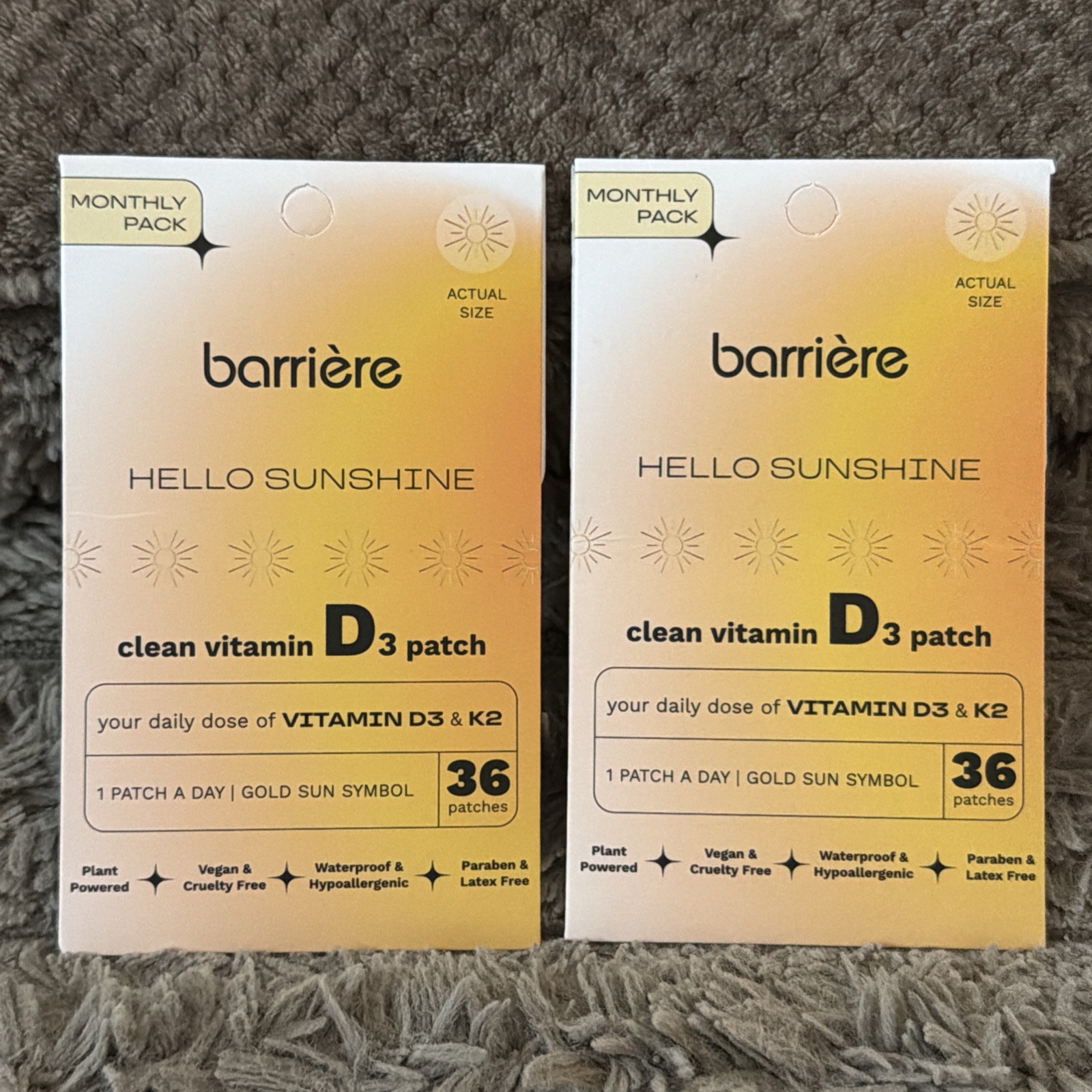 (2) BARRIERE Hello Sunshine clean Vitamin D3 & K2 Patches 36 CT Each – Exp 09/28