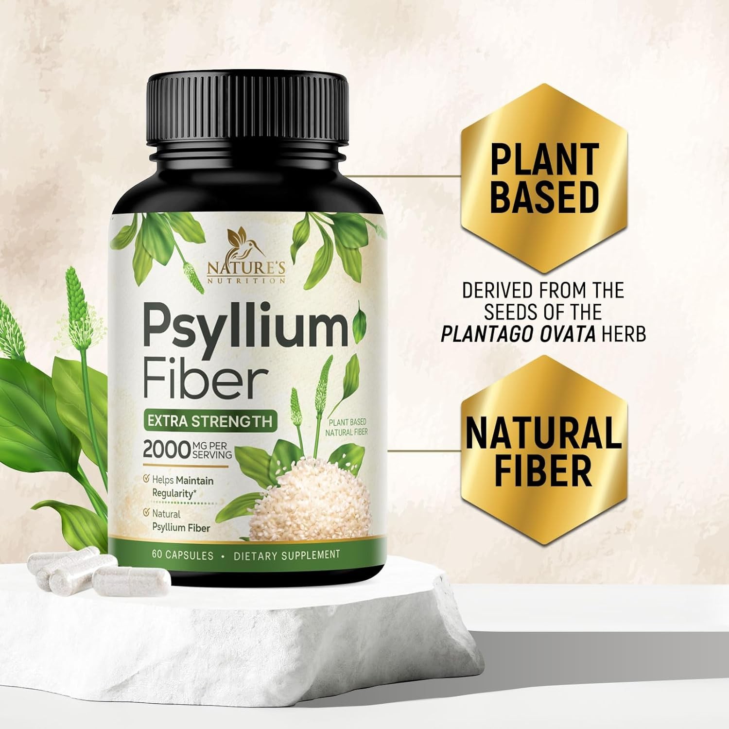 Psyllium Husk Fiber Supplement 1500Mg, Natural Daily Soluble & Insoluble Fiber P