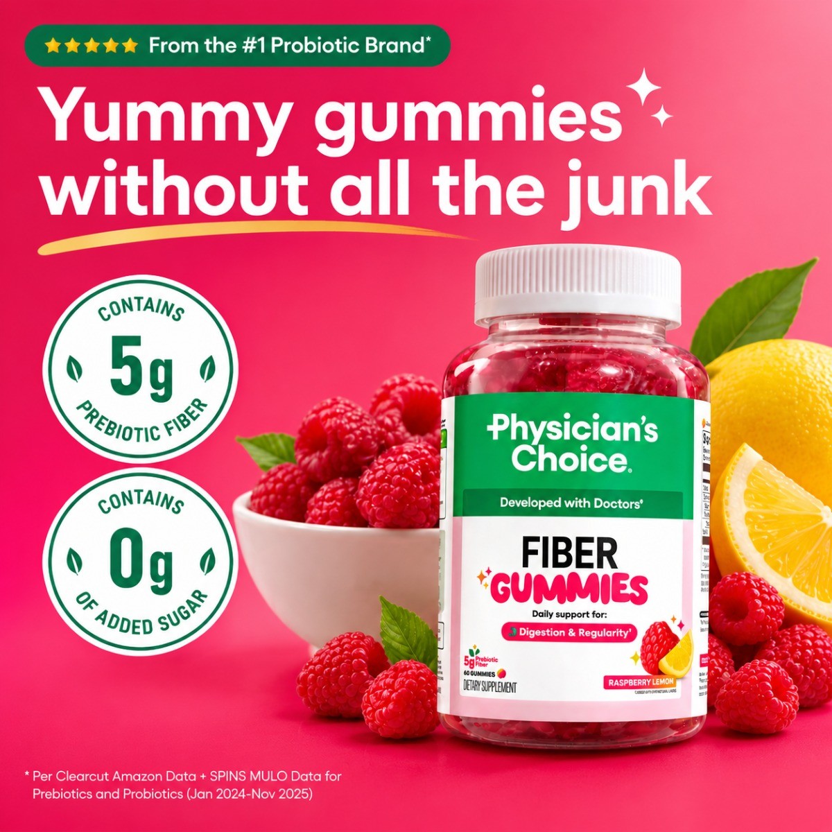 Physician’s Choice Fiber Gummies Gut & Digestion Support Raspberry Lemon