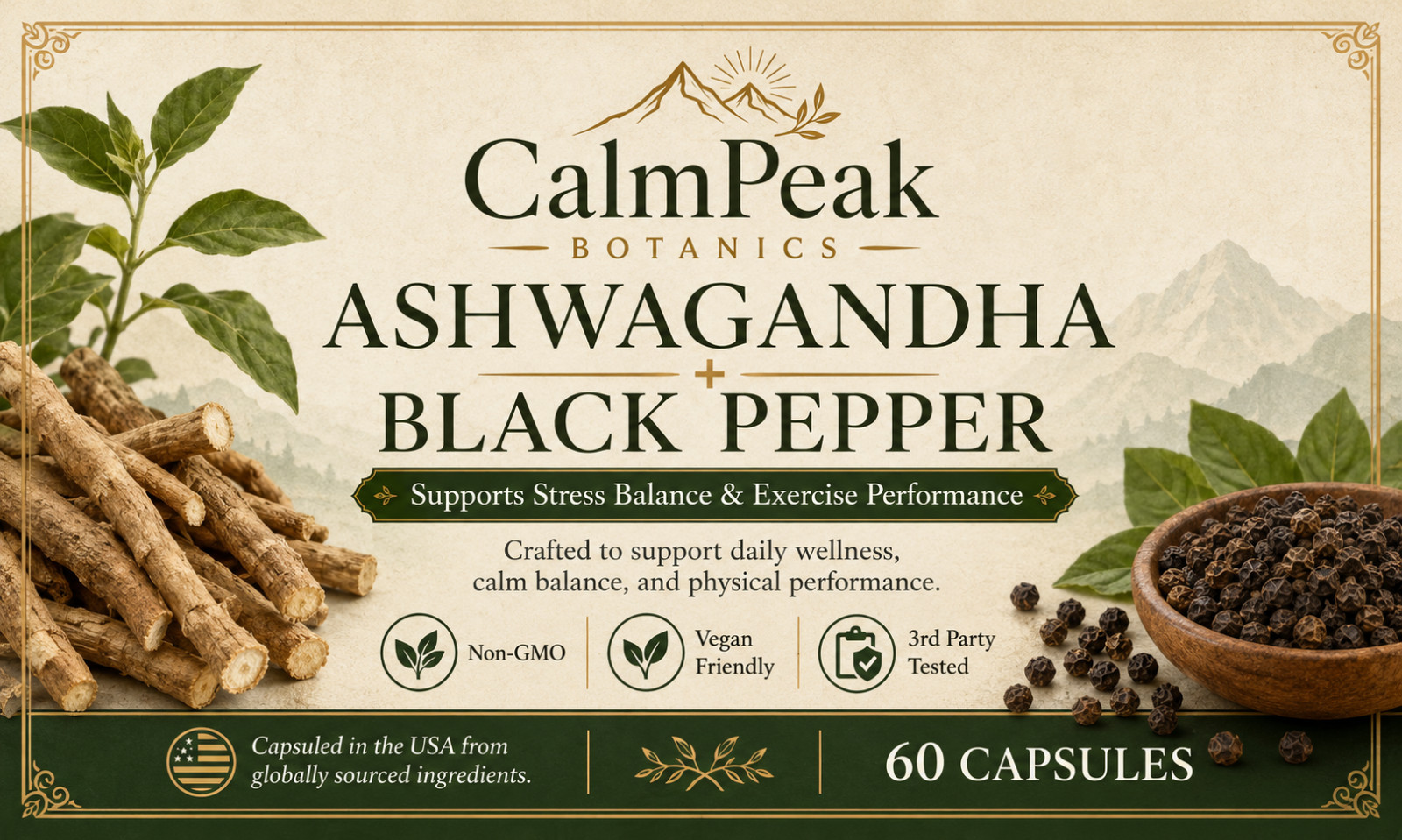 Ashwagandha Black Pepper 60 Capsules Stress Support Vegan Non-GMO Supplement