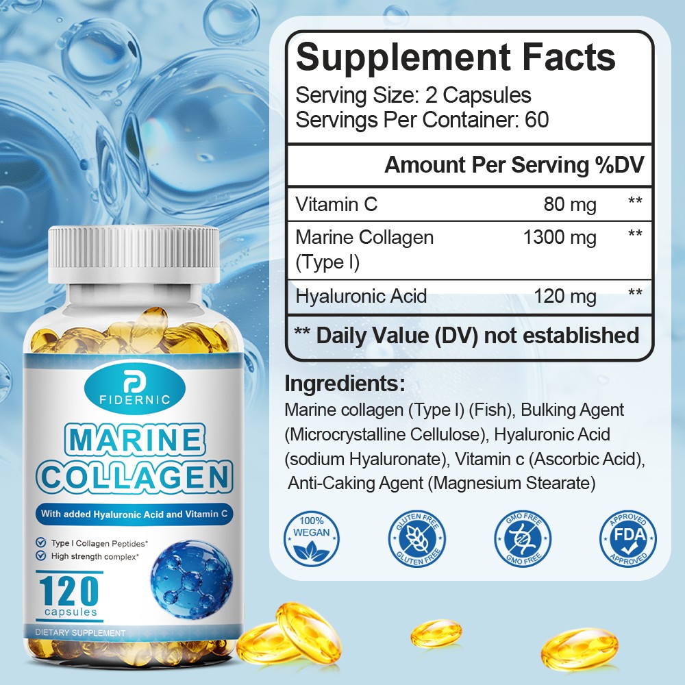 Marine Collagen 1300mg With added Hyaluronic Acid and Vitamin C，120 capusles