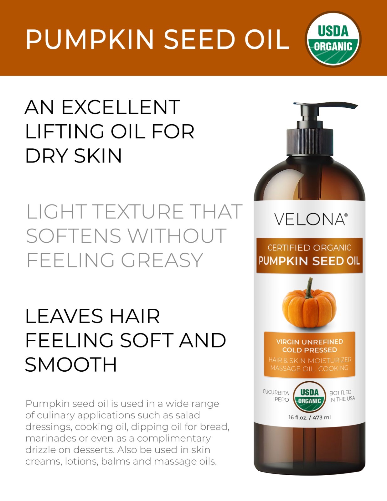 Velona Pumpkin Seed Oil USDA Certified Organic – 16 oz Unrefined Cold Pressed