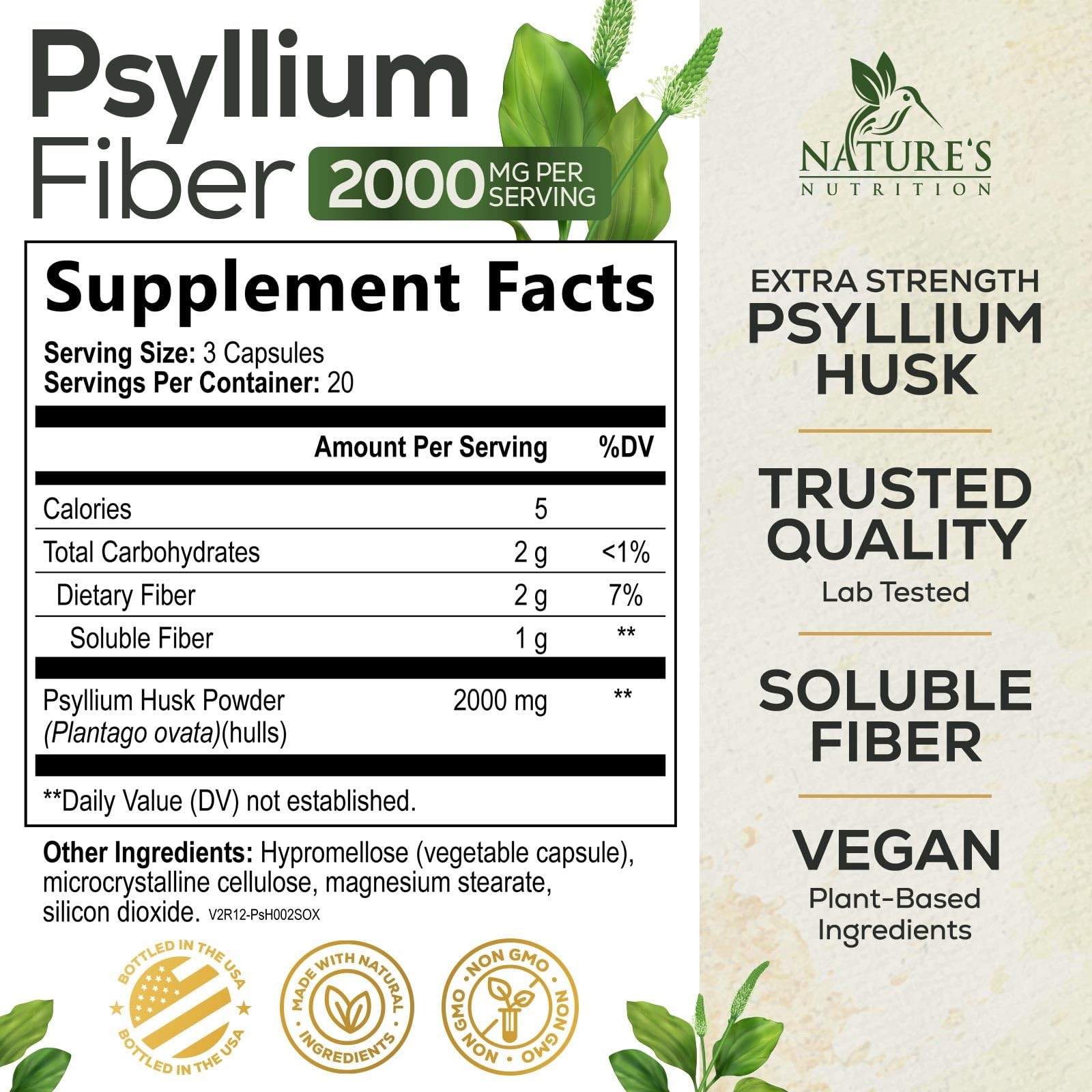 Psyllium Husk Powder 2000mg Per Serving Supplement – Extra Strength Psyllium Fib
