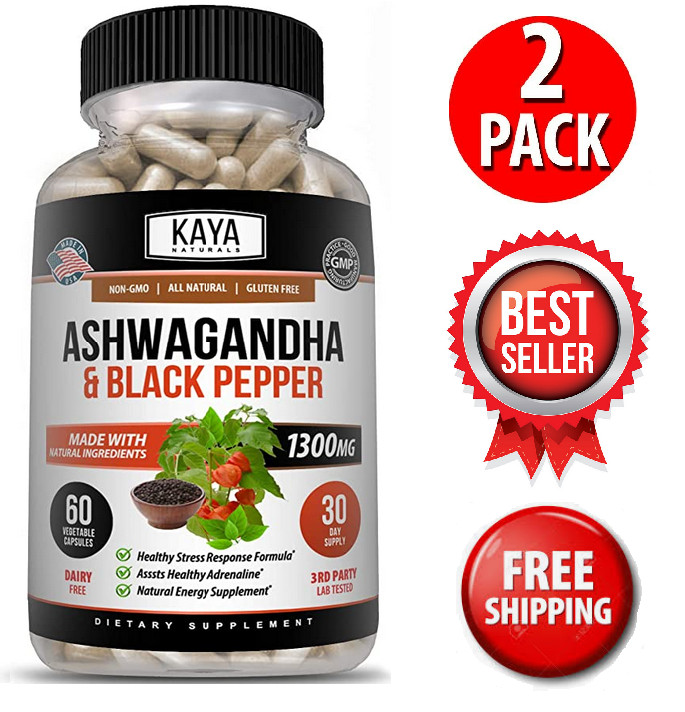 (2 Pack) Organic Ashwagandha 1300mg Anxiety Supplement w/ Black Pepper Root Pow