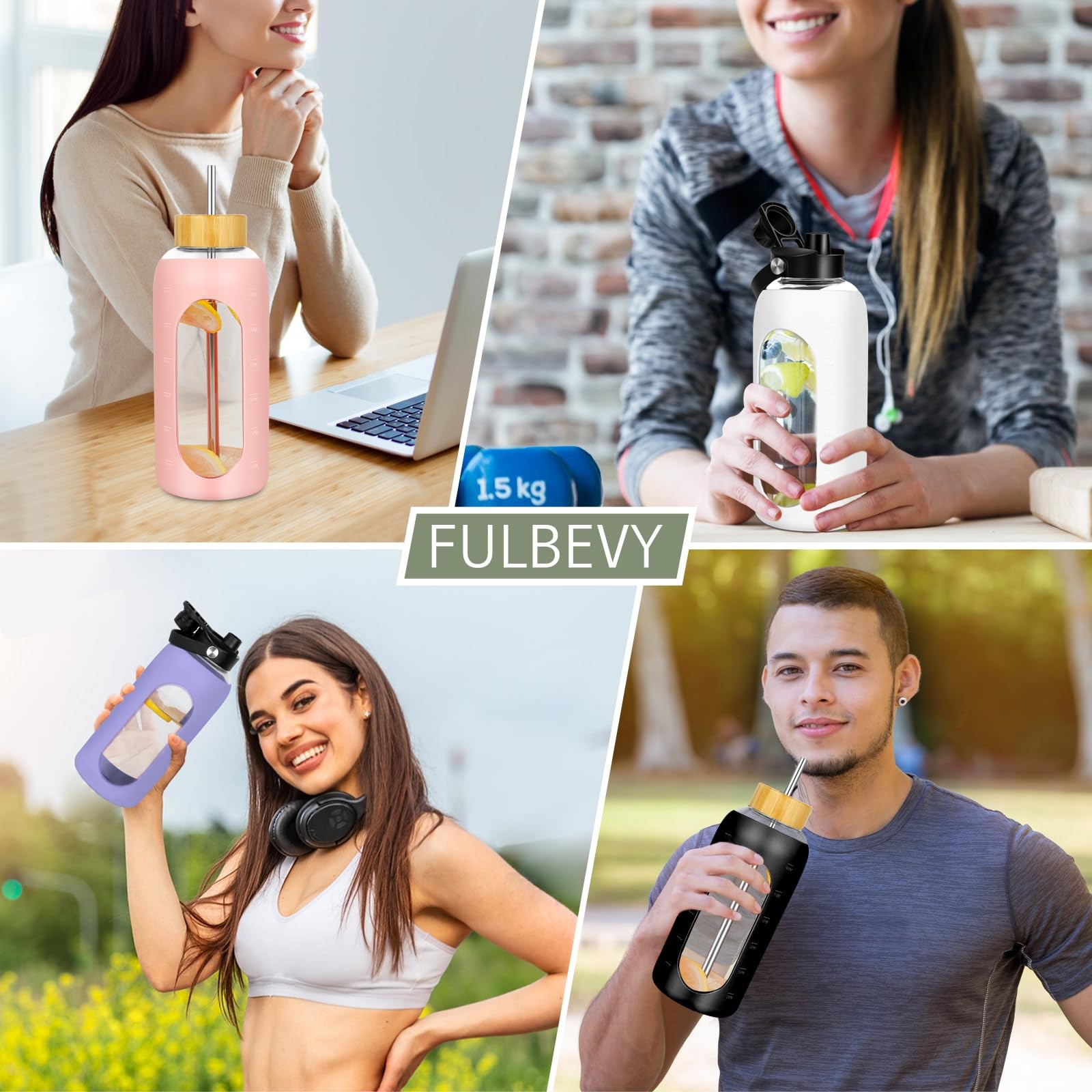 FULBEVY Glass Water Bottles 64 oz – Half Gallon Large 64 Ounces, Olive