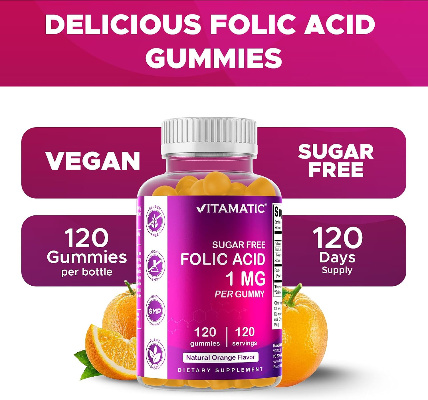 Vitamatic Sugar Free Folic Acid 1 mg Gummies 120 Count Orange Flavor | 1 mg Foli