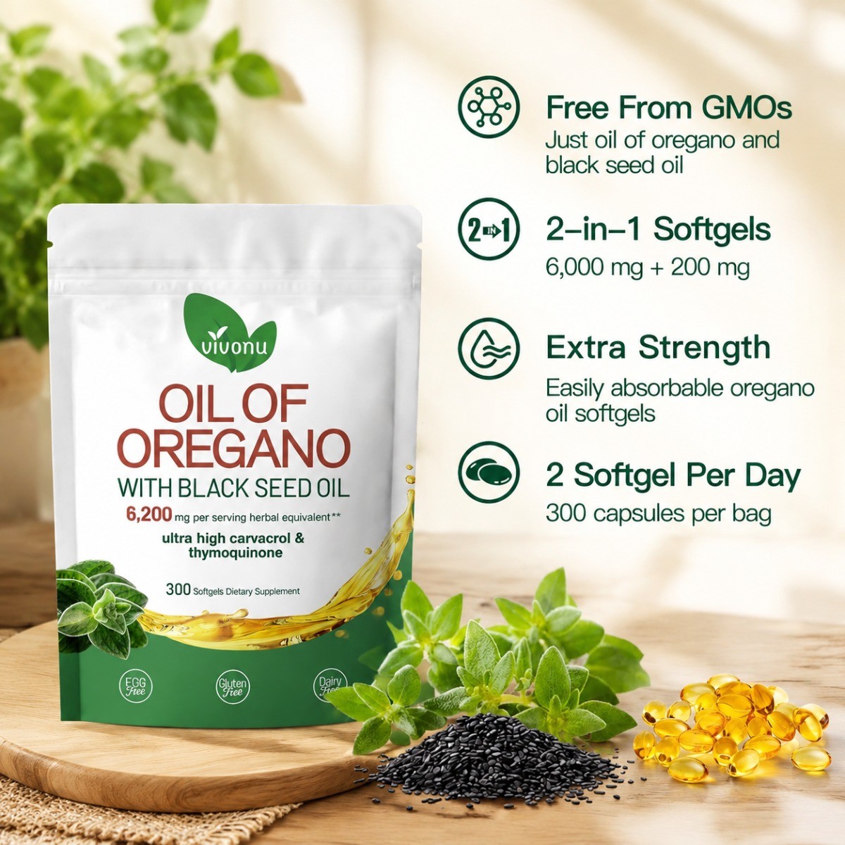 Oil of Oregano with Black Seed Oil Softgels 6200mg Extra Strength 300 Ct