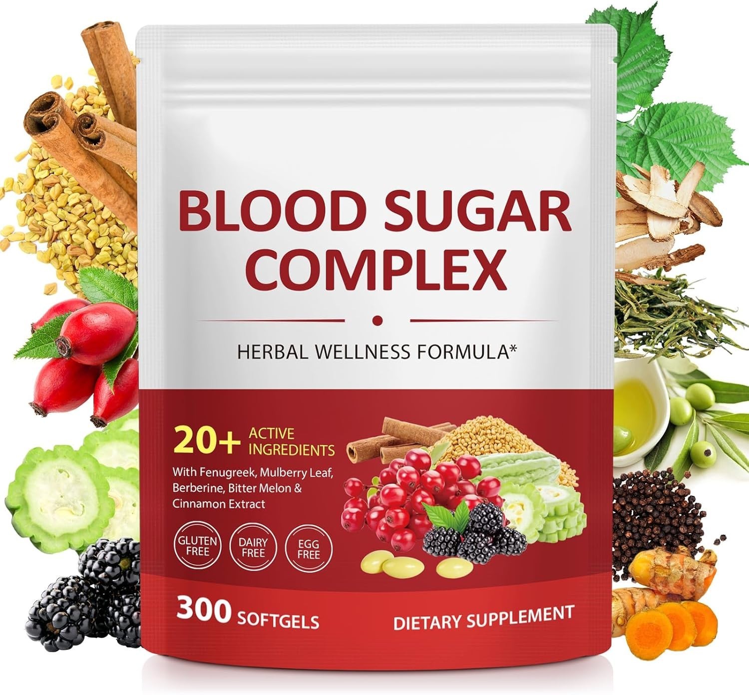 Blood Sugar Complex Supplement – 300 Softgels with 20+ Natural Ingredients