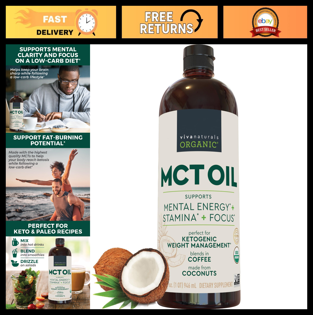 Organic MCT Oil 32 fl oz – Keto & Paleo Friendly, Non-GMO, Boosts Energy & Focus