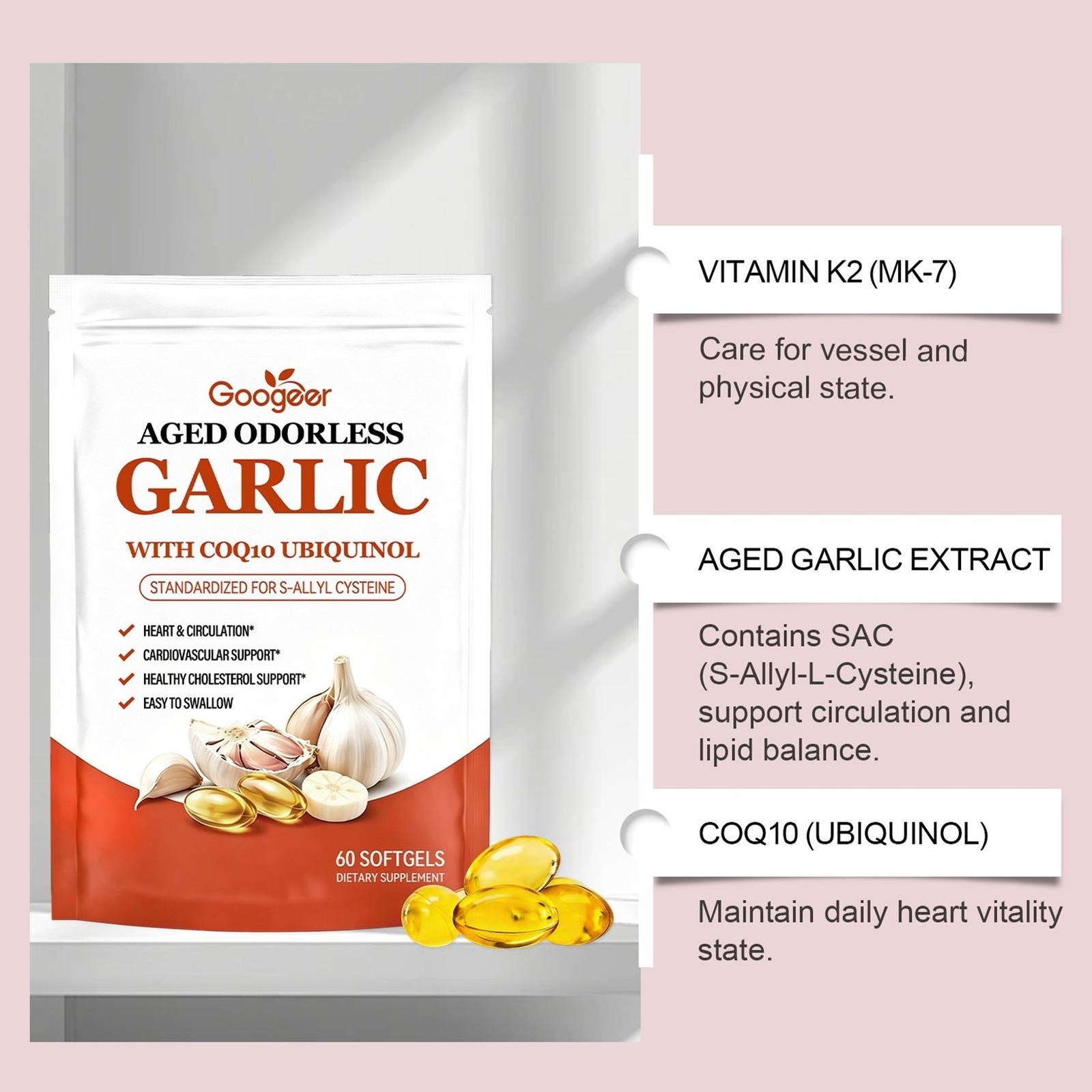 5x Odorless Age-Resilient Aged Garlic 600 mg Softgels (60 Count) with CoQ1* USA
