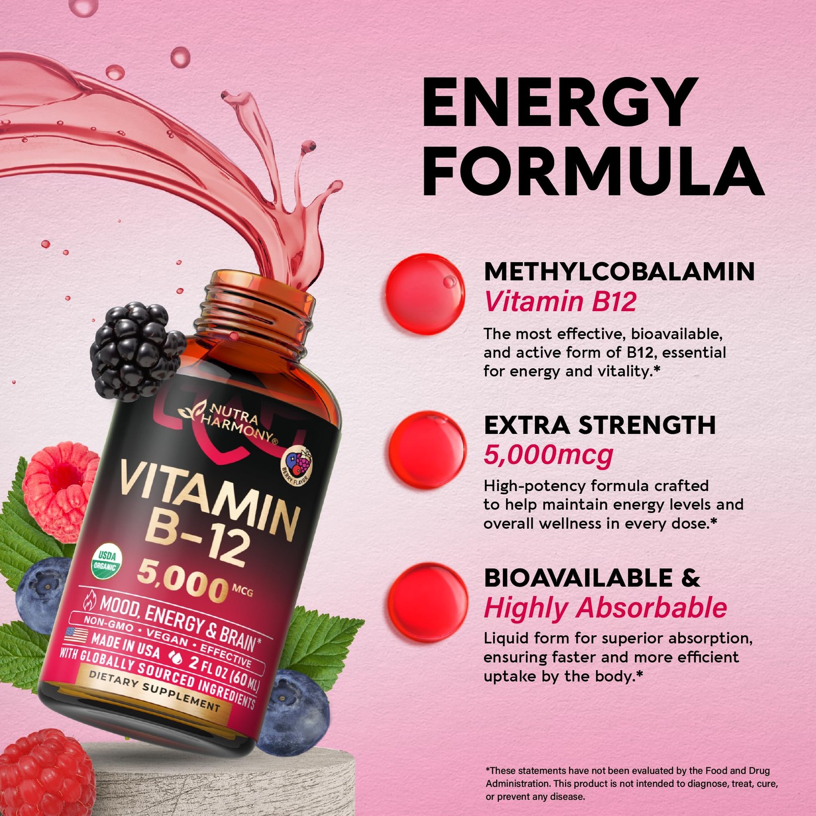 USDA Organic Vitamin B12 Sublingual Drops – 5000 mcg 2 Fl Oz (Pack of 1)