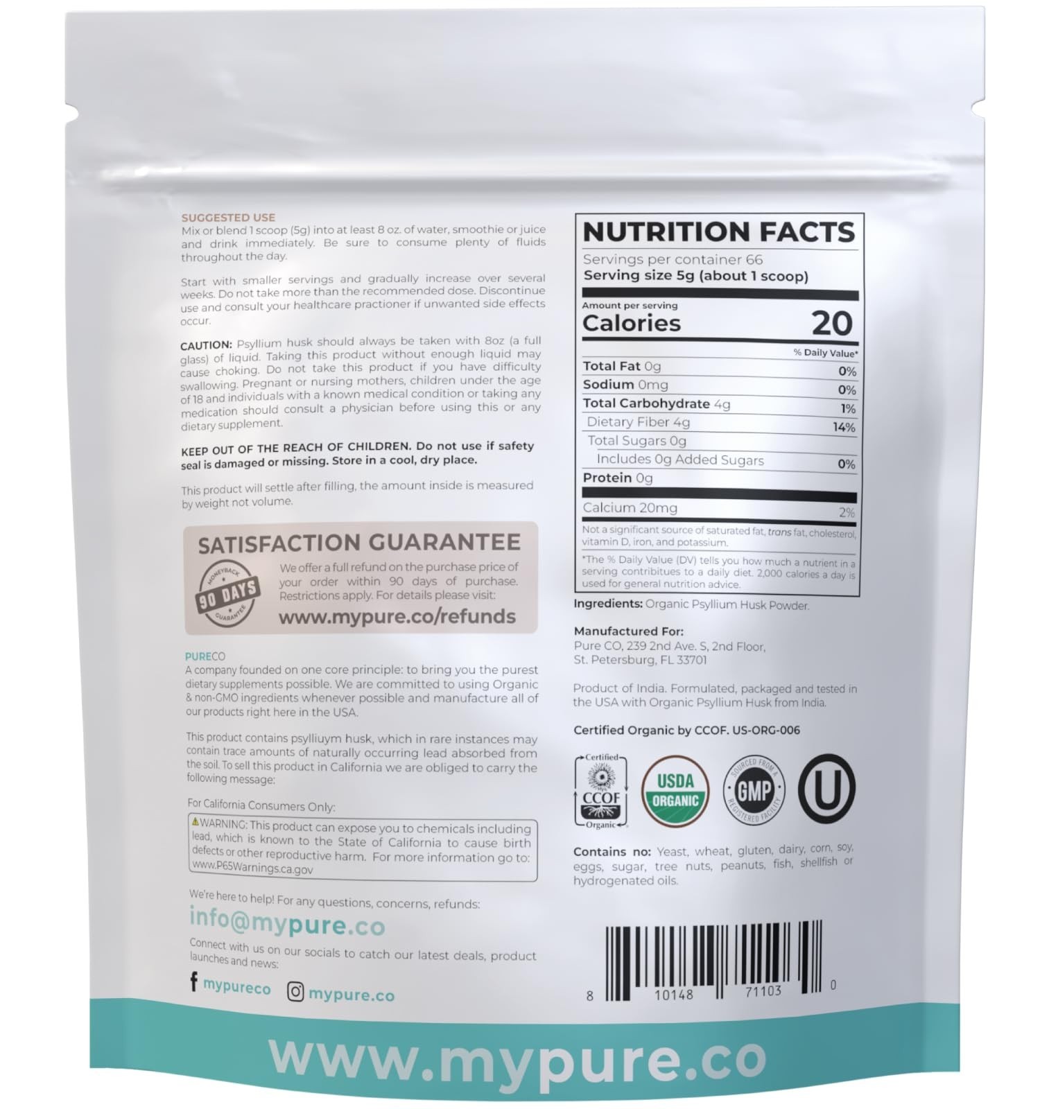 Organic Psyllium Husk Powder – Vegan Gluten Free Fiber for Baking & Smoothies –