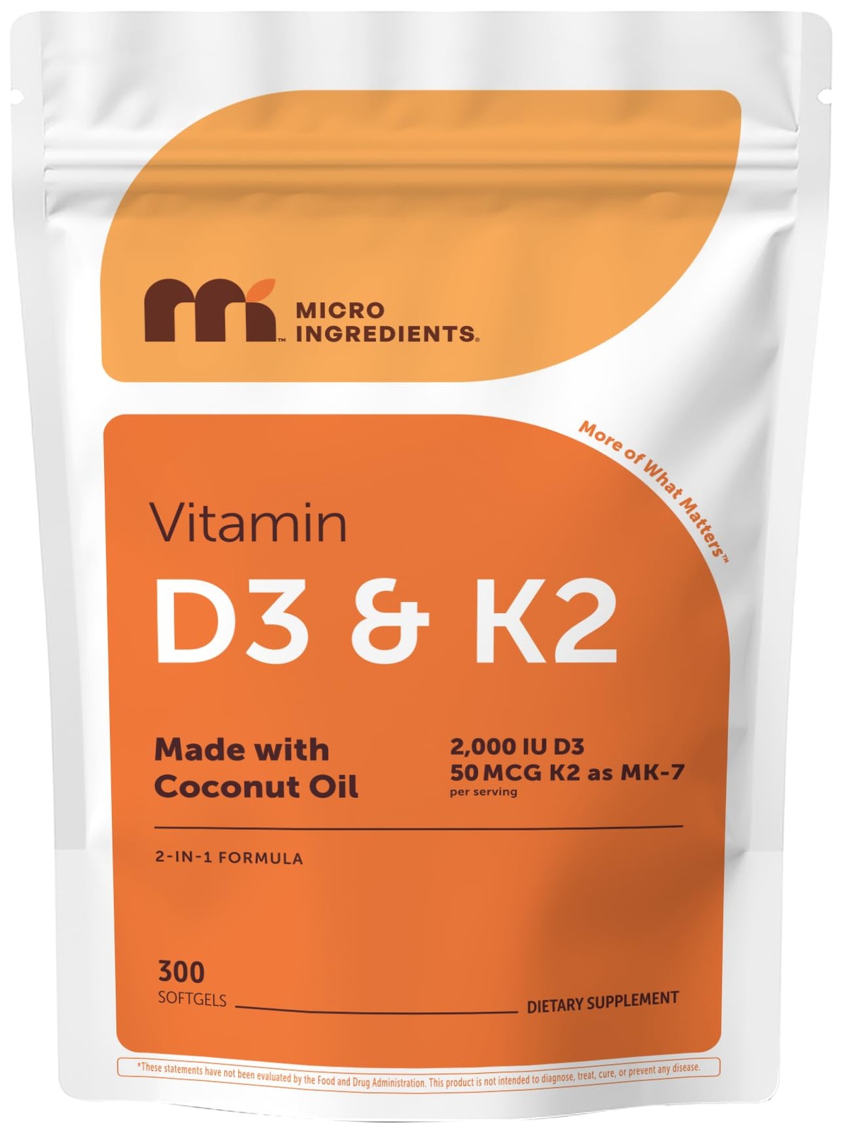 Micro Ingredients Vitamin D3 2,000 IU + K2 MK-7 50 mcg, 300 Count (Pack of 1)