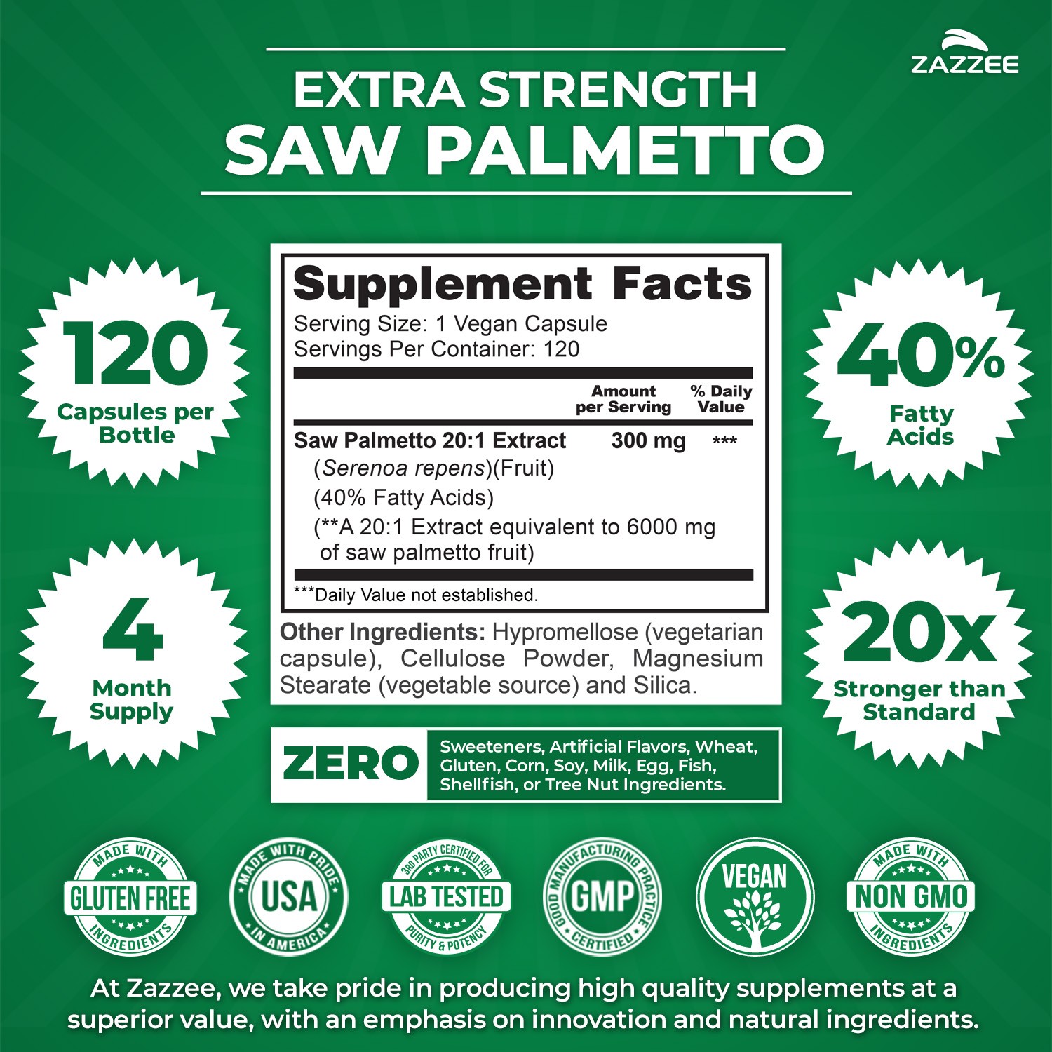 Zazzee Extra Strength Saw Palmetto 20:1 Extract, 6000 mg Strength, 120 Capsules