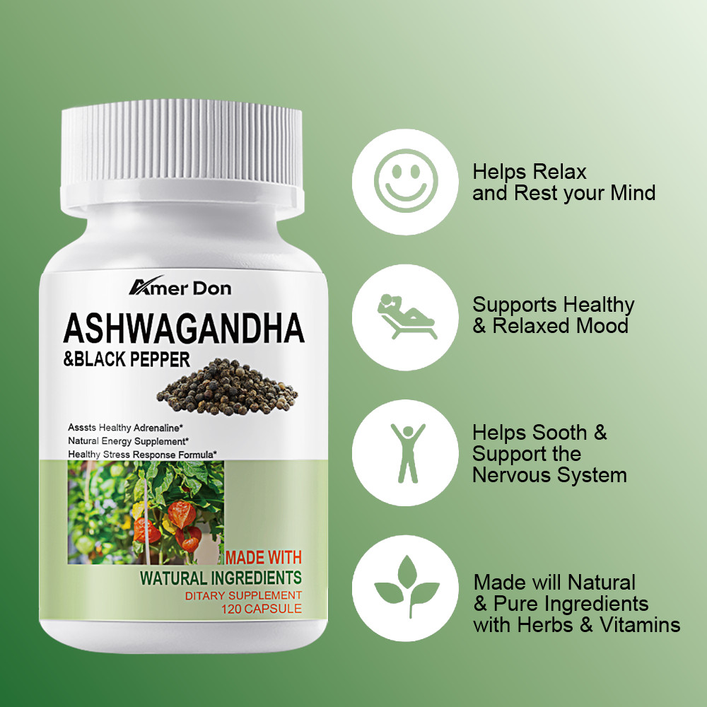 Organic Ashwagandha Capsules 1300mg Supplement w/ Black Pepper Root Powder 120Pc