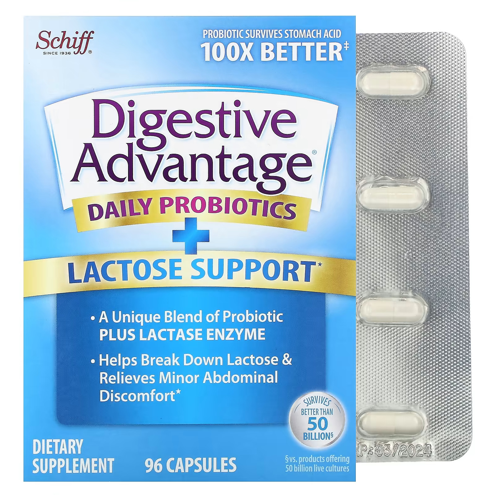 2 X Schiff, Digestive Advantage, Daily Probiotics + Lactose Support, 96 Capsule