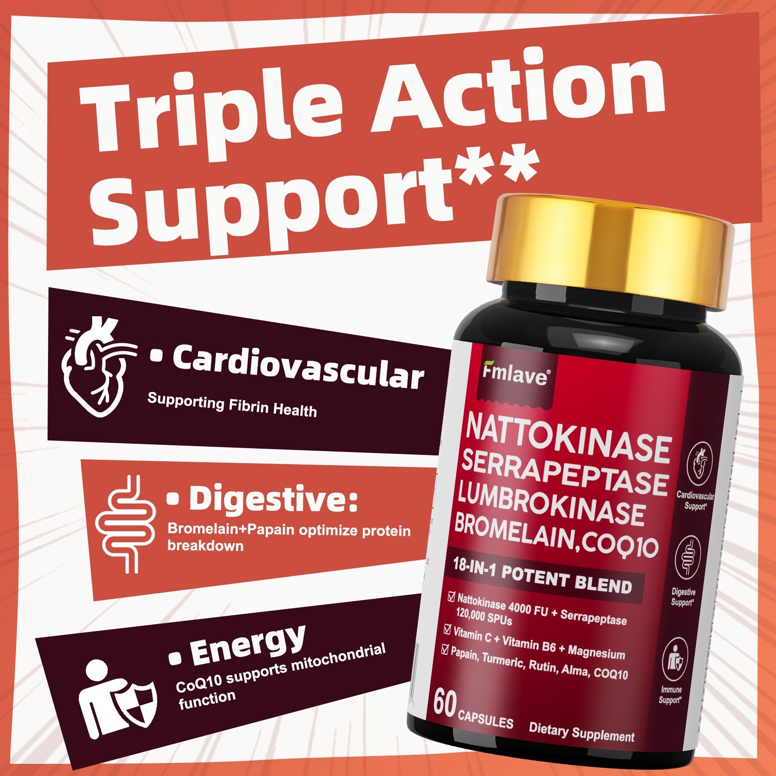 Nattokinase 4,000 FU Heart & Cardiovascular Health, Circulatory Support Non-GMO