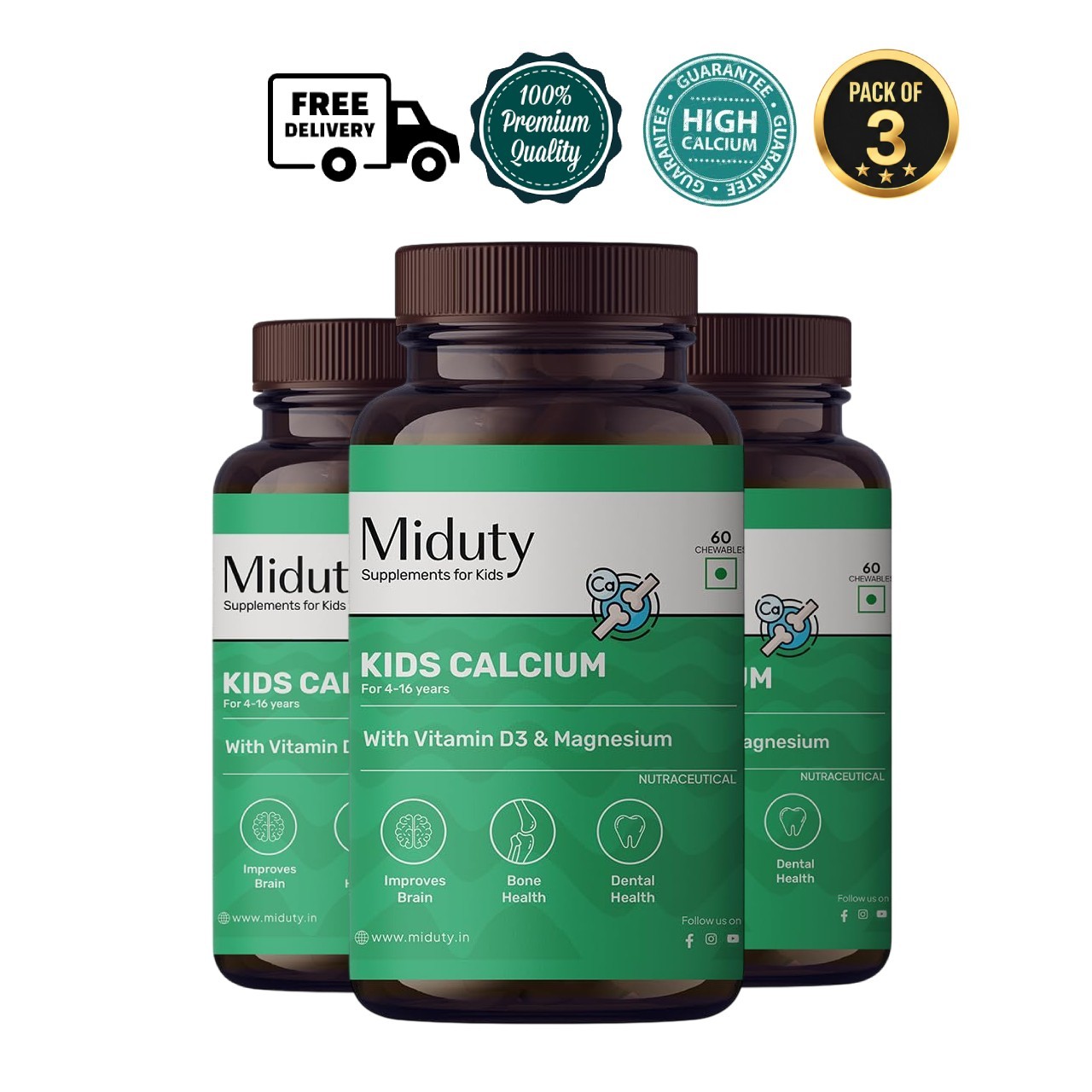 3x Midu.ty Kids Calcium D3 K2 Magnesium 60 Chewables