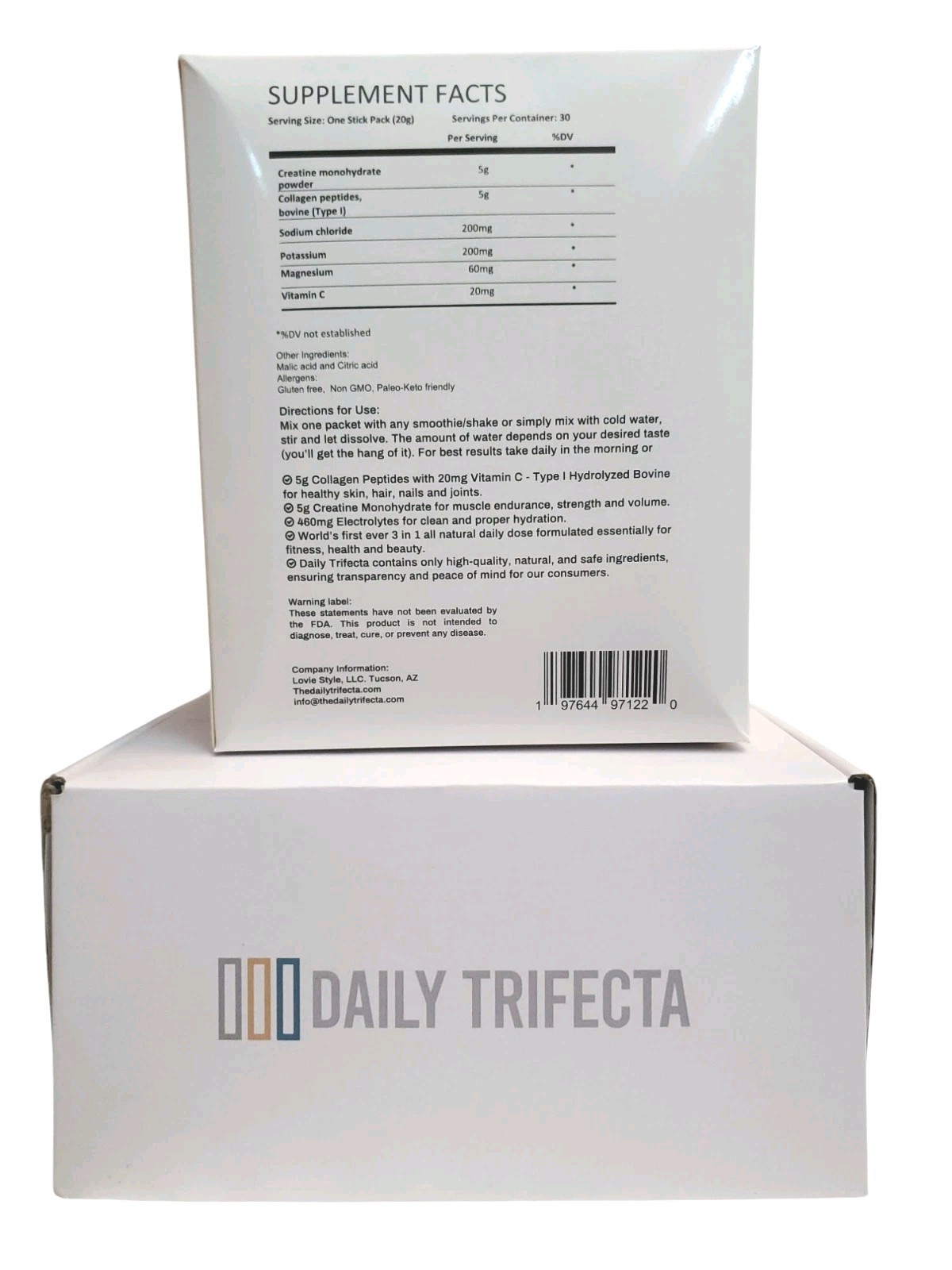 Daily Trifecta 3 In 1 Collagen Creatine Electrolytes 30 Stick Packs Unflavored