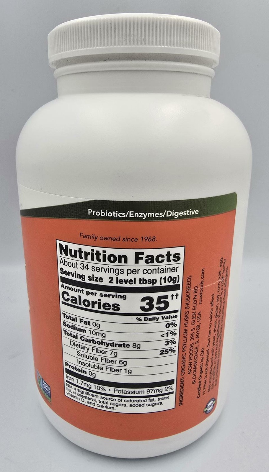 NOW Whole Psyllium Husks USDA Certified Organic Soluble Fiber Non-GMO – 2/12 oz