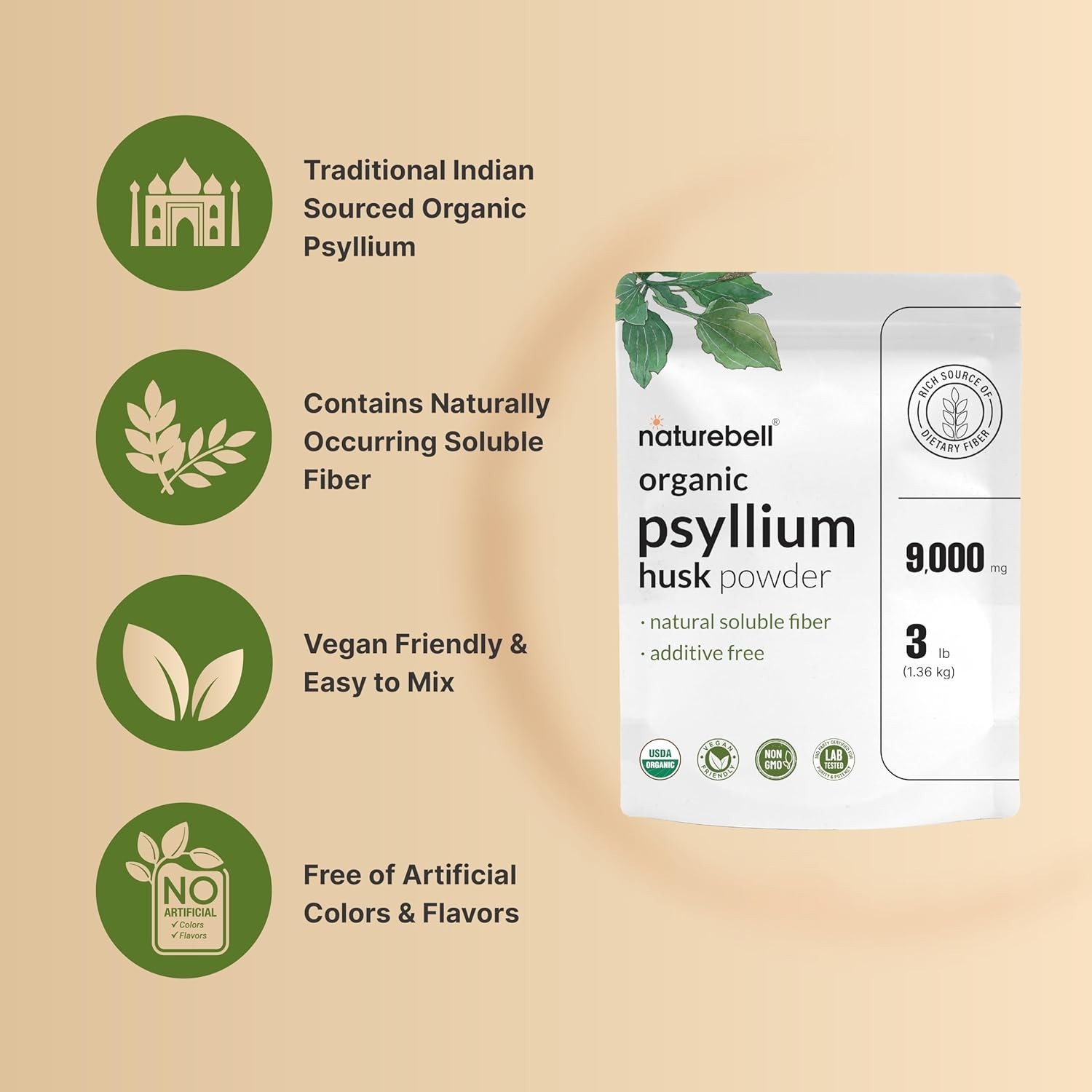 Organic Psyllium Husk Fiber Powder 9g per Serving 3lb for Digestive Gut Health