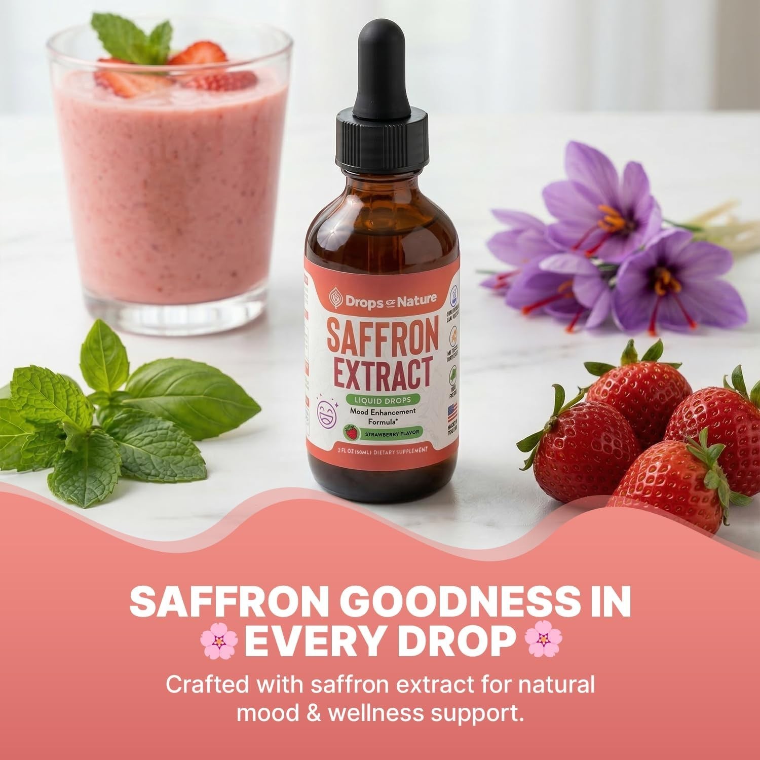 Saffron Extract Liquid Drops for Mood & Mind -Strawberry Flavor 2 fl oz 50mg