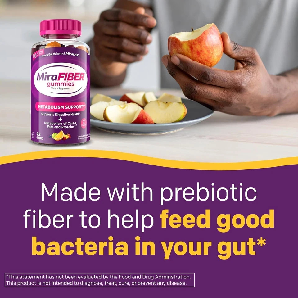 MiraFIBER Gummies 72 Ct Prebiotic Fiber Mixed Fruit 8g Per Serving