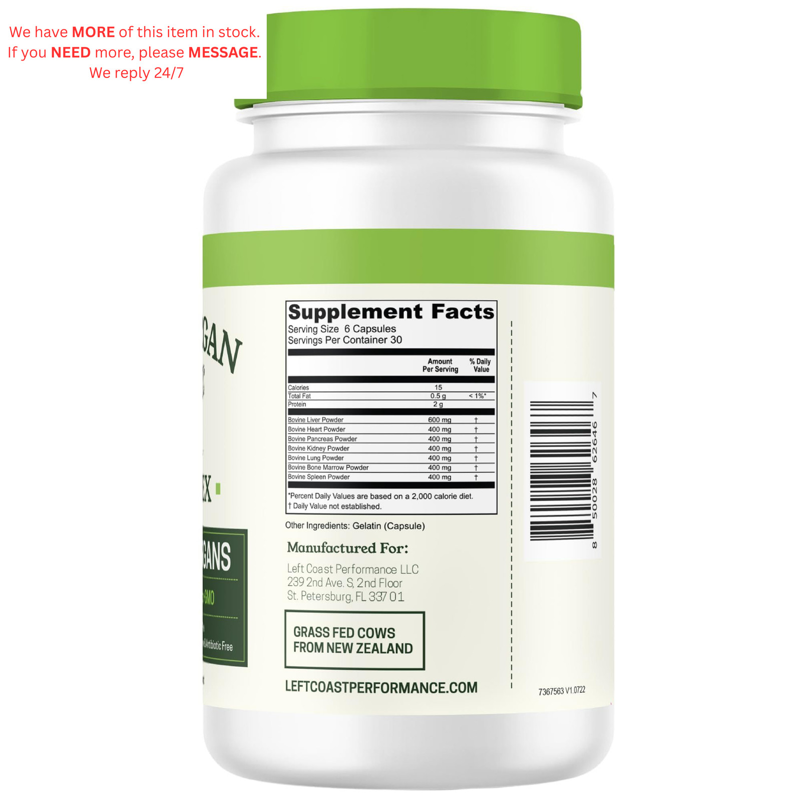 Beef Organ Supplement Grass Fed – 7 Organs Complex 180 Count (Pack of 1)