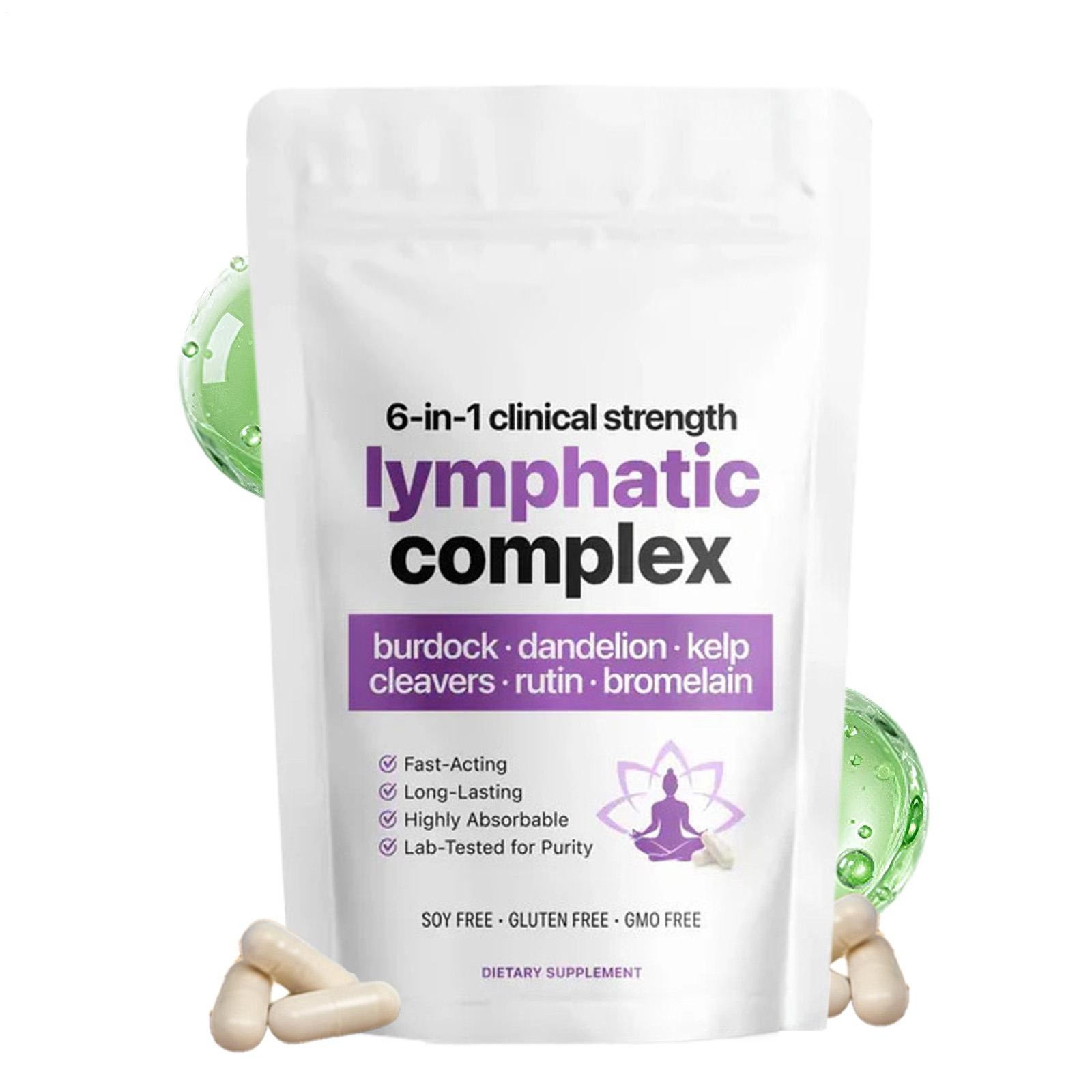 6-in-1 LYMPHATIC Complex Drainage Supplement Dandelion Burdock Bromelain Kelp