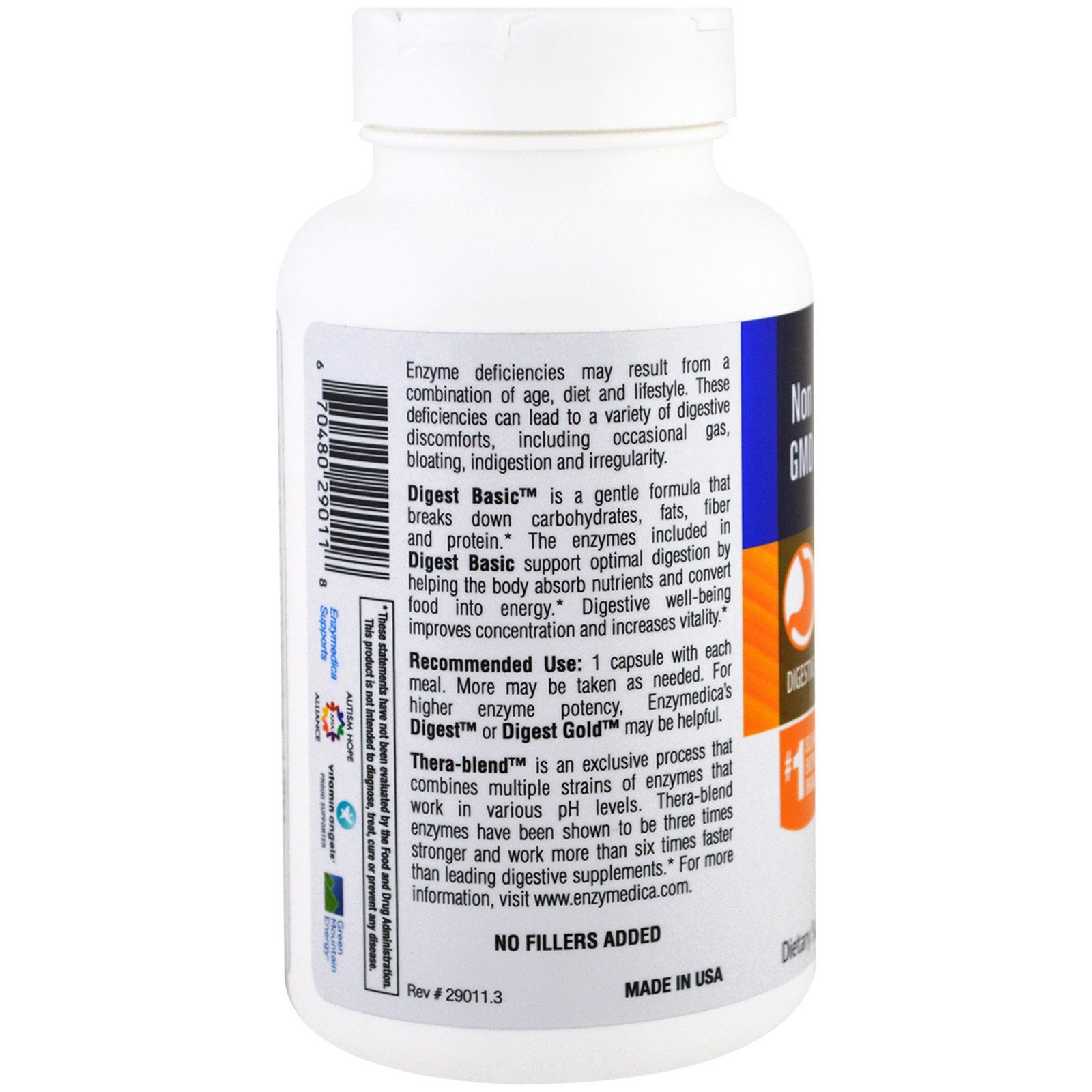Enzymedica Digest Basic Essential Enzyme Formula 180 Capsules Casein-Free,