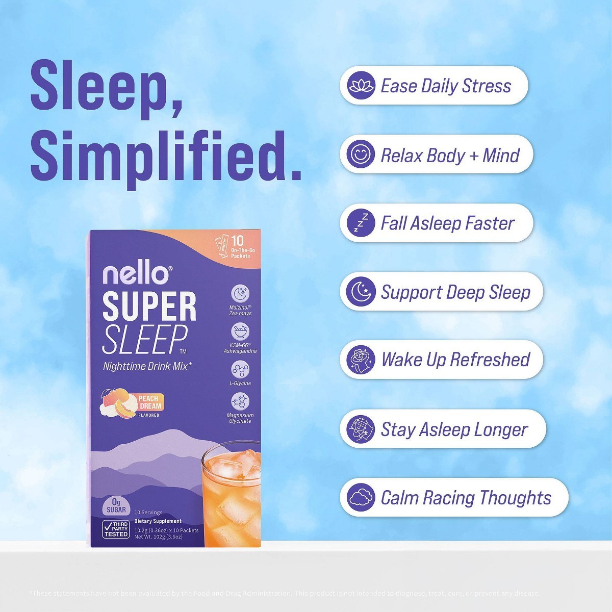 Nello Supersleep Drink Mix Supplement Powder – Peach Dream – 10ct