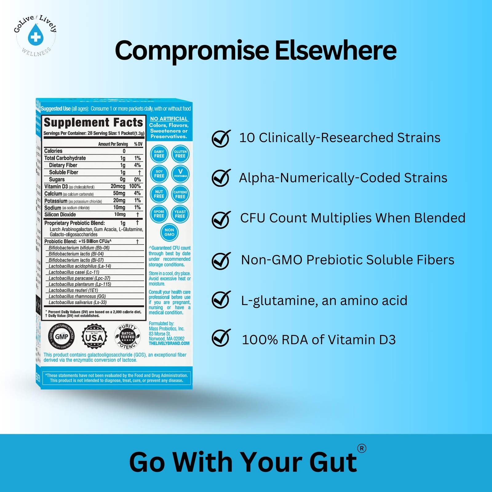 GoLive Prebiotic Probiotic for Women, Men, Kids. Flavor-Free, Sugar-Free,