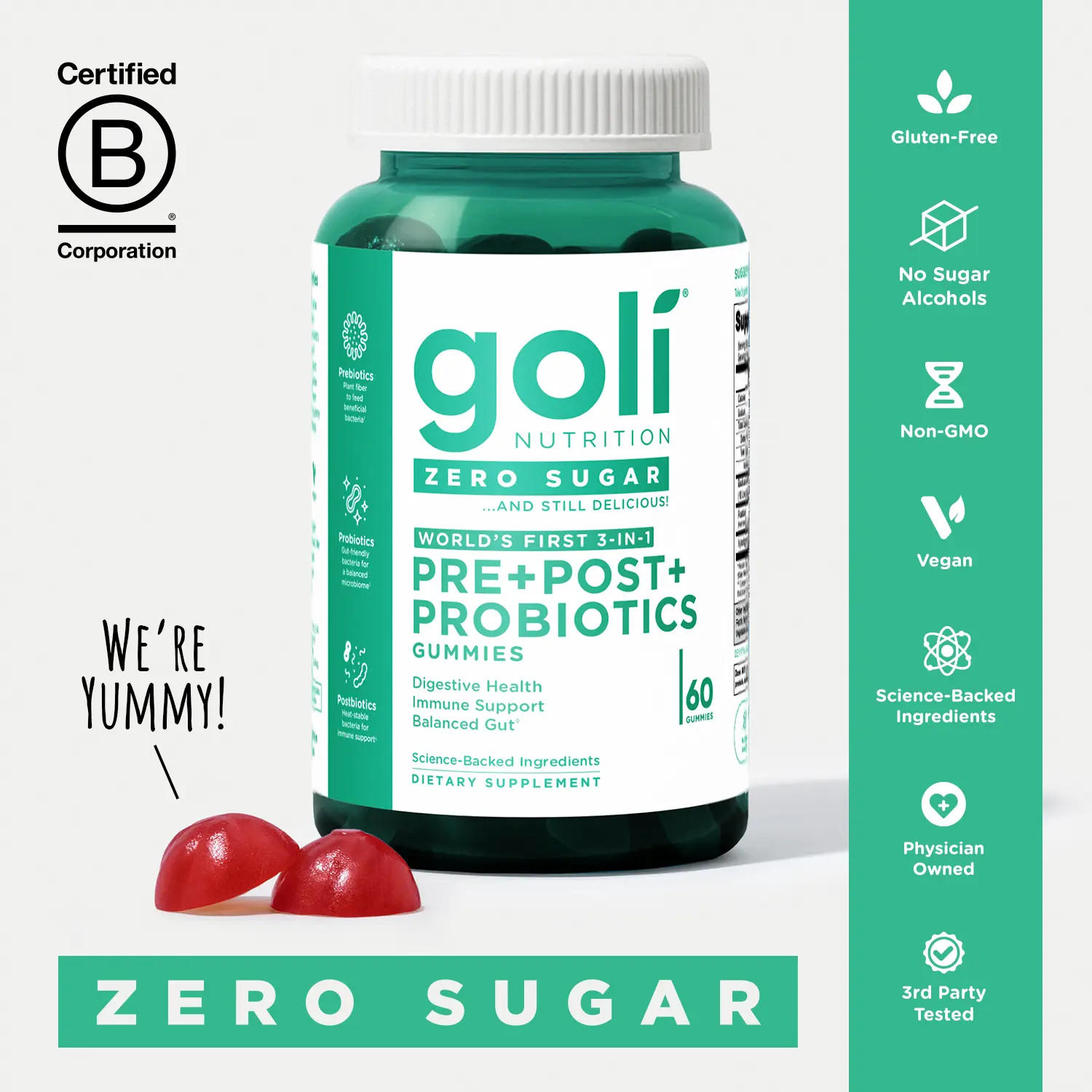 3 Bottles Sugar-Free Vegan Pre Pro Postbiotic Gummies Gluten Free 60 Count
