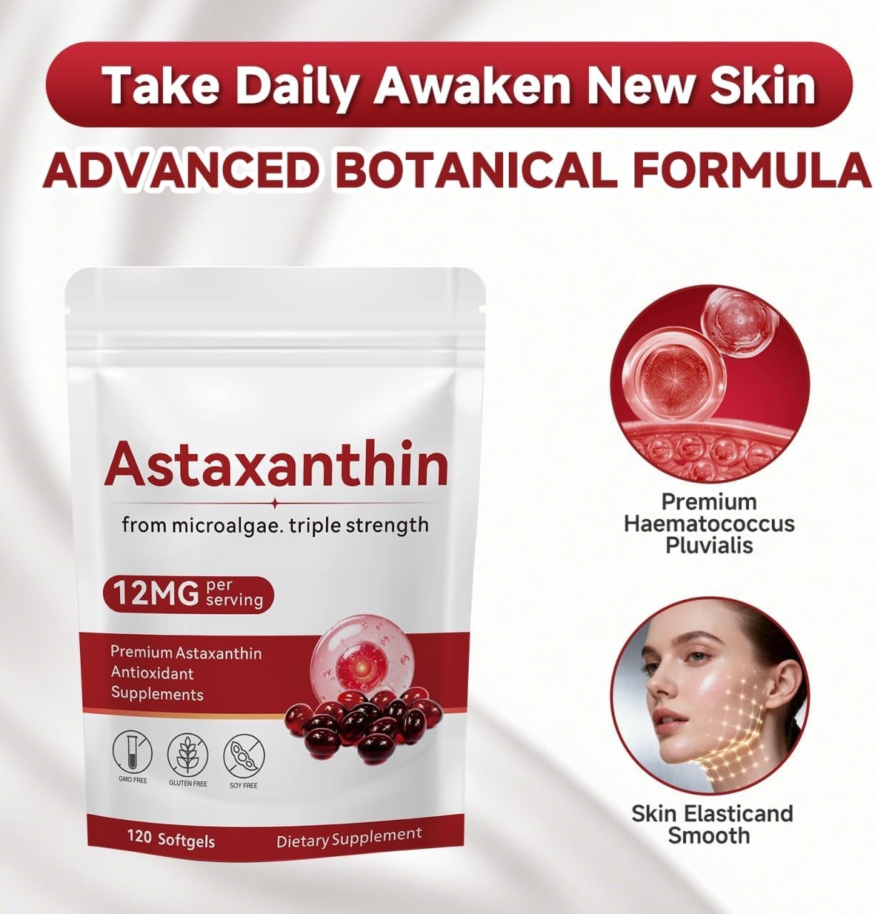 Astaxanthin 12mg 120 Softgels, 4 Month Supply,Triple Strength,Non-GMO,Eye Health