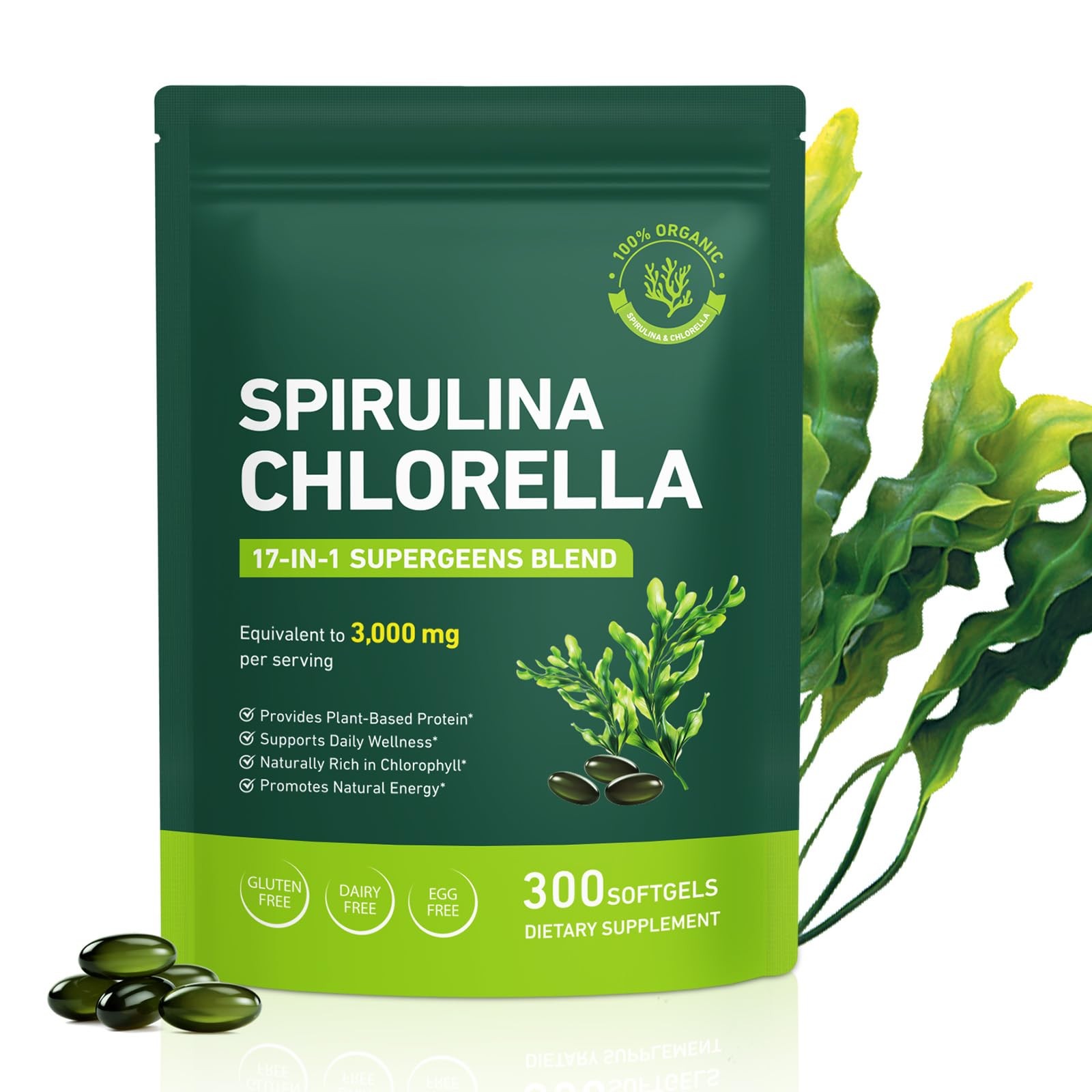 bnHUlMXw Organic Spirulina Chlorella Capsules,Non-GMO 300 Count (Pack of 1)